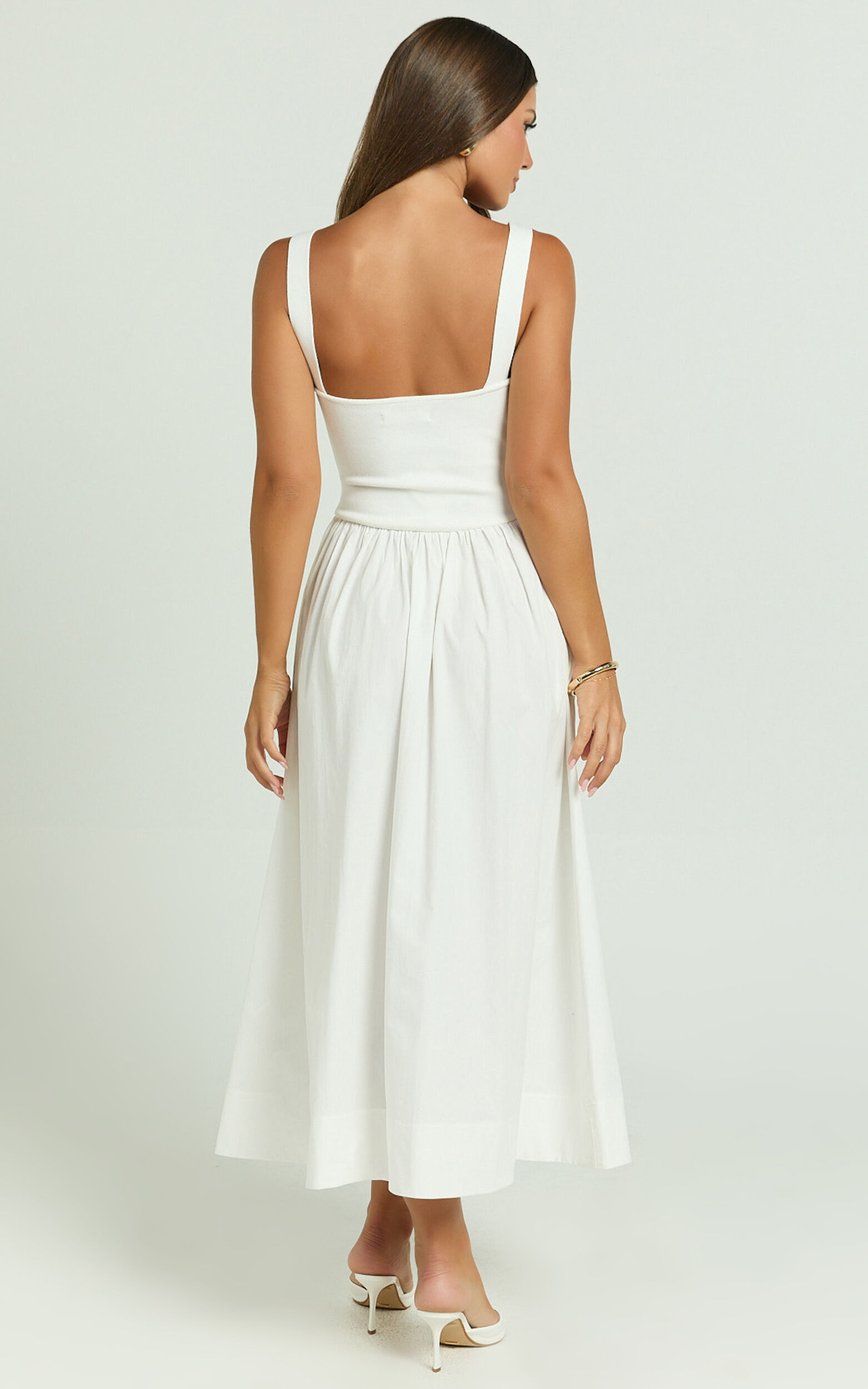 Murphy Midi Dress - Scoop Neck Straight Drop Waist Gathered Skirt Knit And Poplin Dress in White