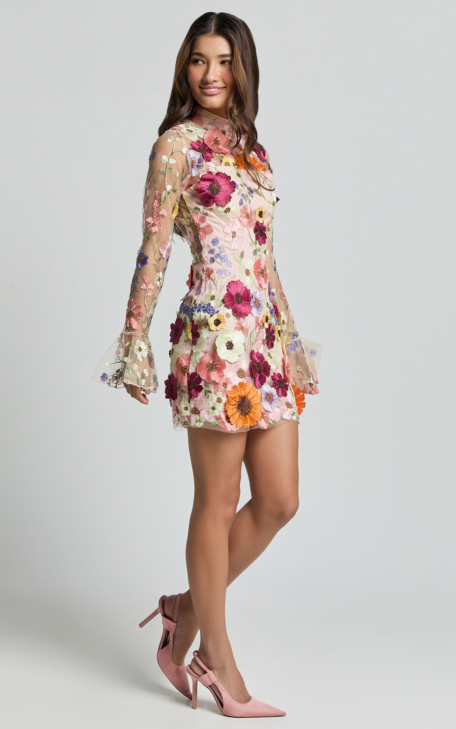 Albina Mini Dress - High Neck Long Sleeve Back Cut Out Dress in Pink