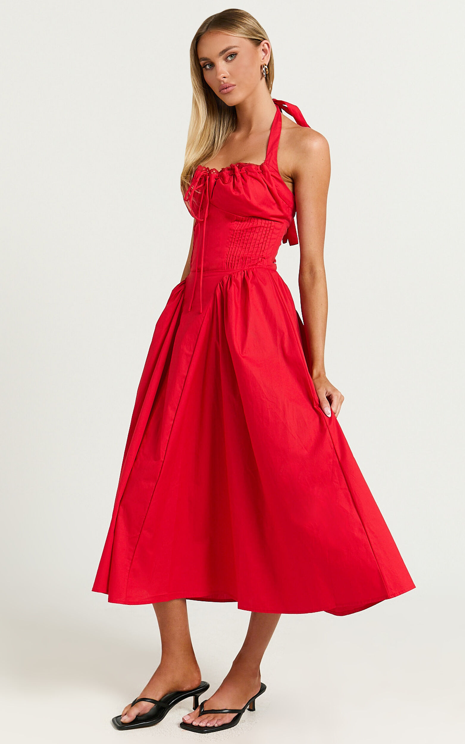 Marikris Midi Dress - Ruched Bust Halter Neck Dress in Red