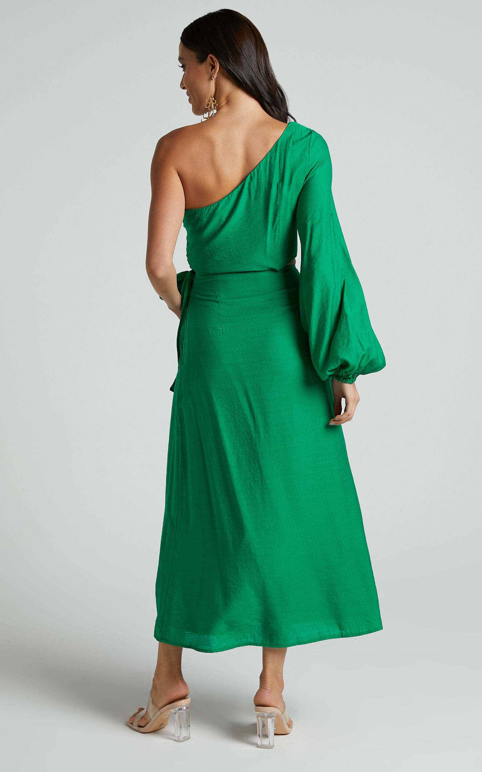 Savannah Midi Dress - One Shoulder Long Sleeve Cut Out Wrap Skirt in Green
