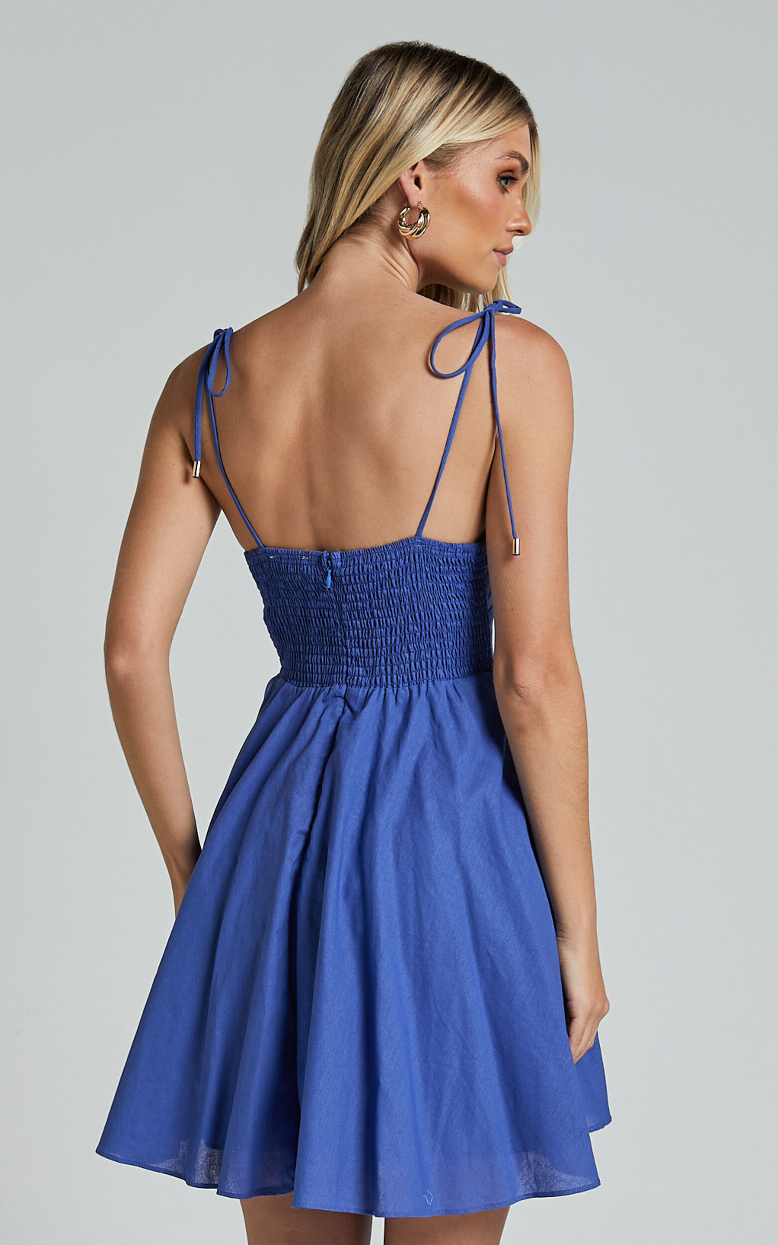 Leuven Mini Dress - Linen Look Empire Waist Dress in Blue