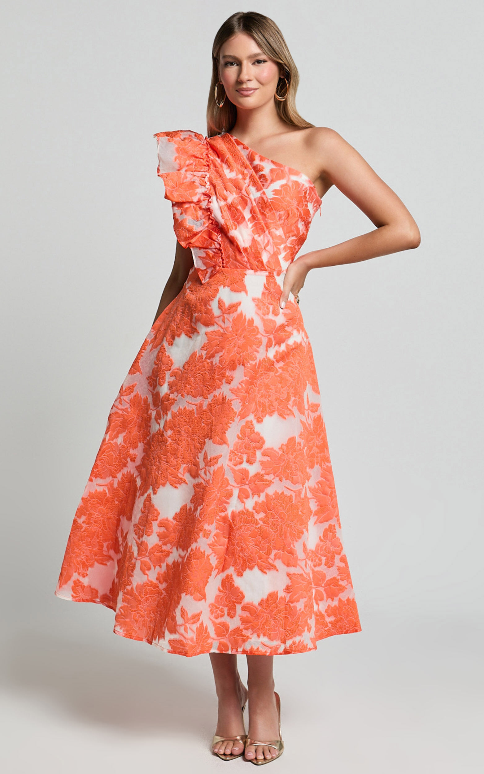 Alfreda Midi Dress - One Shoulder Ruffle Detail Brailey Jacquard Dress in Orange Jacquard