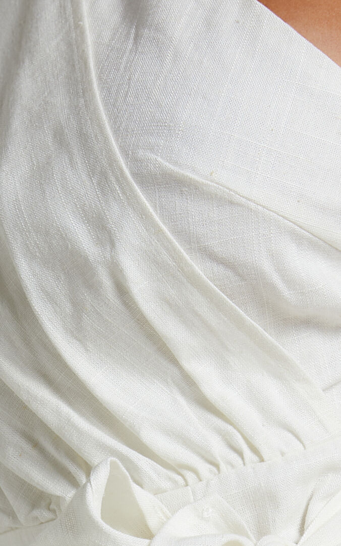 Harper Mini Dress - Linen One Shoulder Gathered Wrap Waist Dress in White