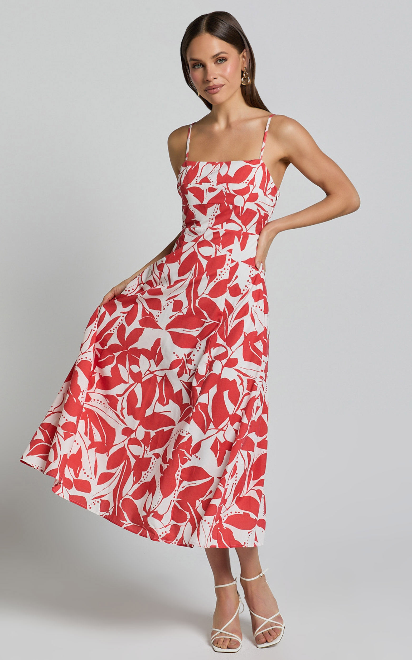 Nylia Midi Dress - Strappy Fit and Flare Dress in Red Floral