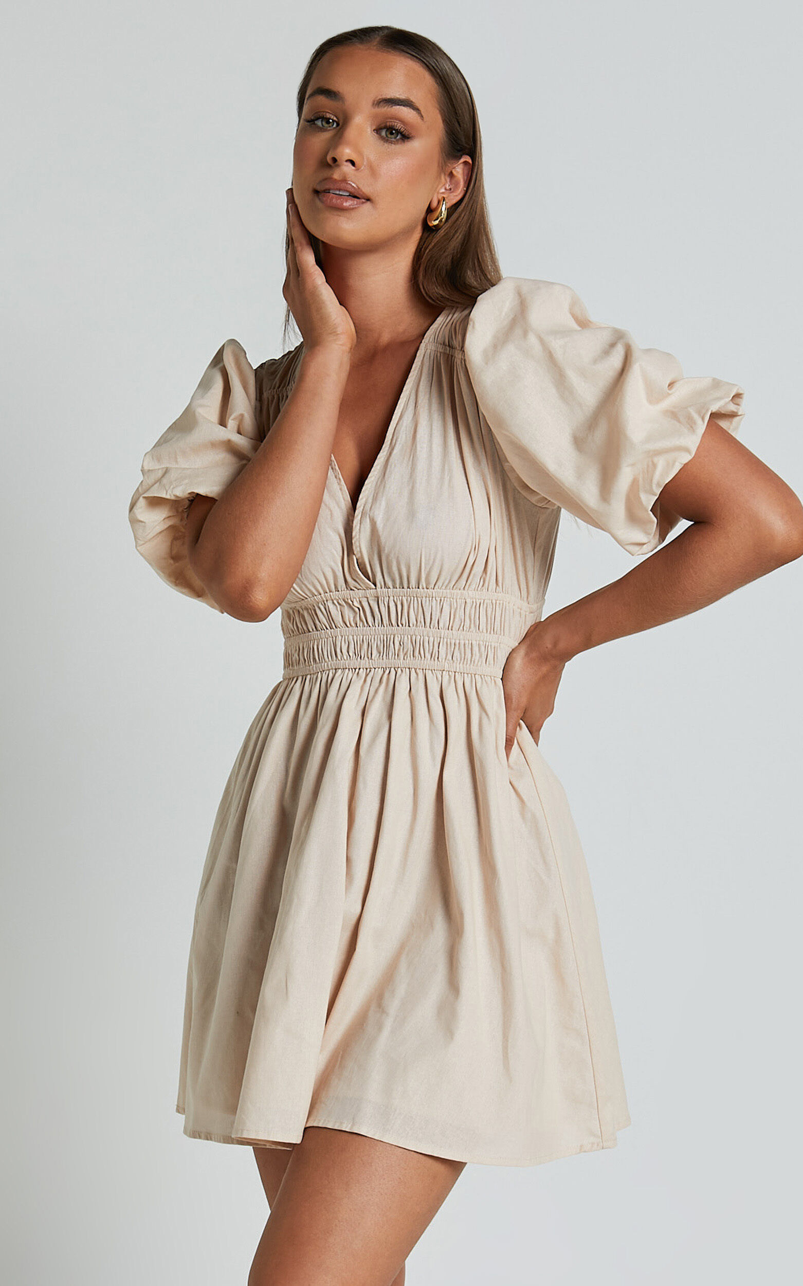 Francesca V Neck Puff Sleeves Mini Dress in Natural