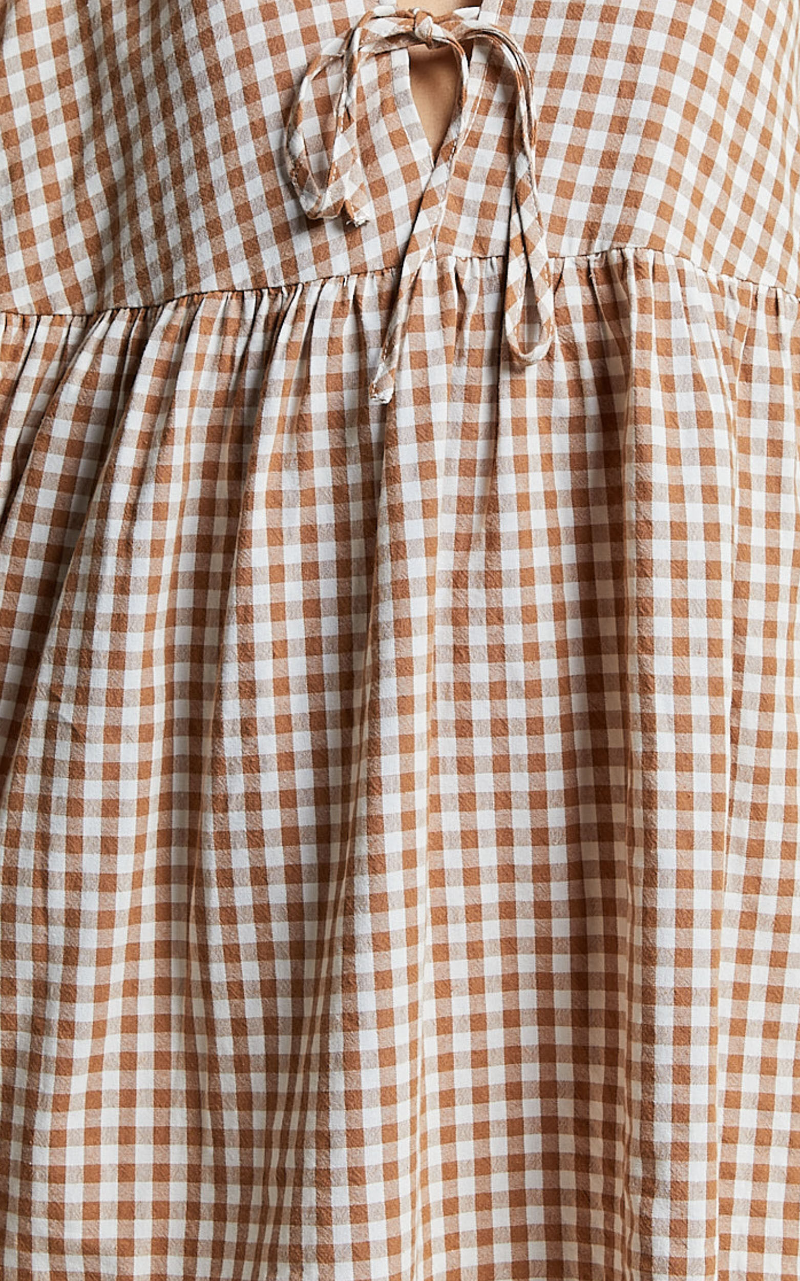 Rosita Mini Dress - Tie Front Puff Sleeve Dress in Caramel & White Gingham
