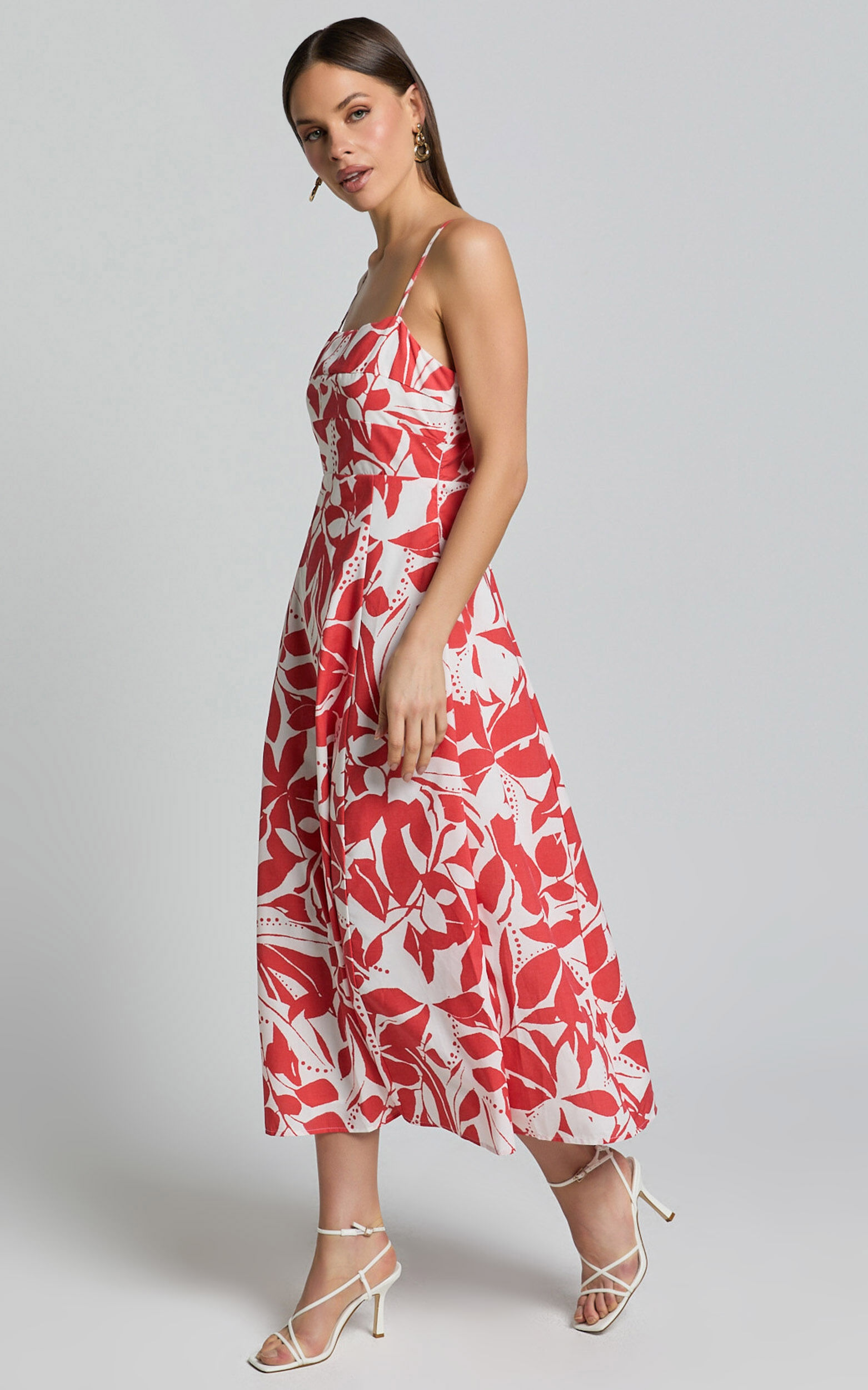 Nylia Midi Dress - Strappy Fit and Flare Dress in Red Floral