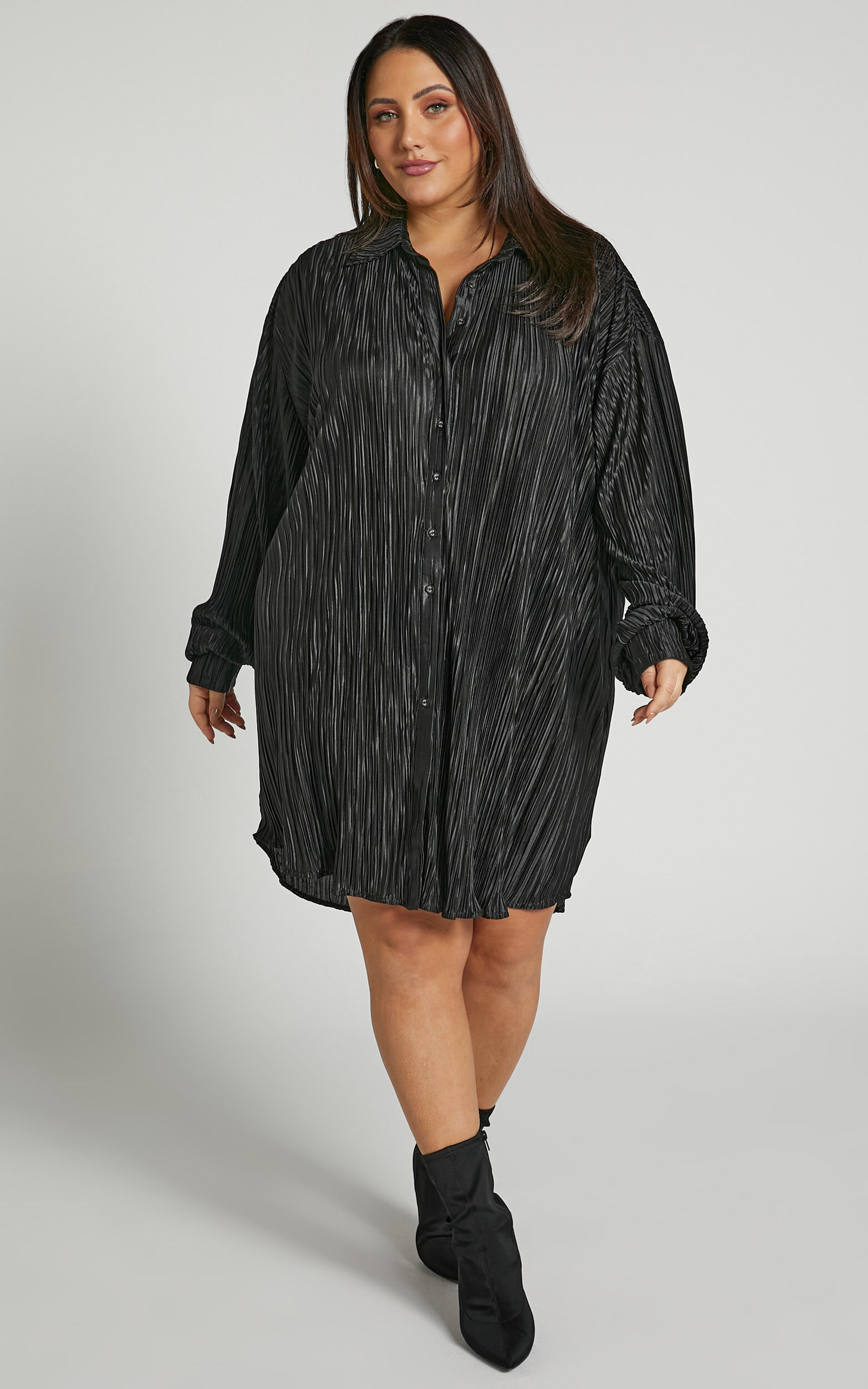 Beca Mini Dress - Crinkle Button Up Shirt Dress in Black
