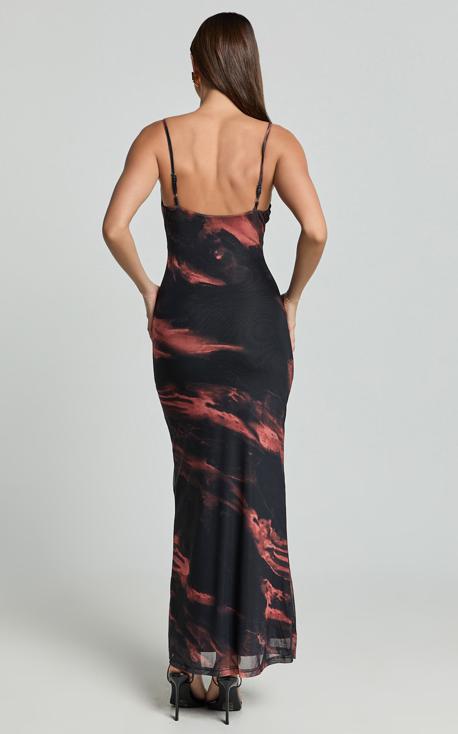 Rashida Midi Dress - V Neck Mesh Printed Dress in Dark Tie Dye