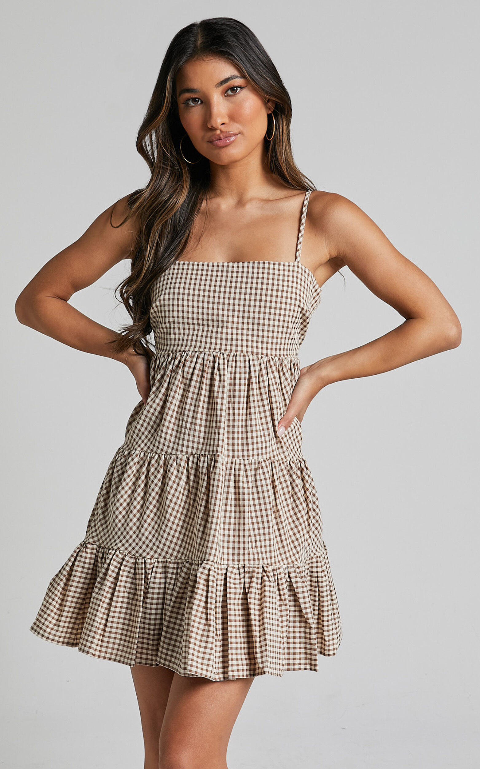 Lorelle Mini Dress - Straight Neck Tiered Dress in Brown Check Gingham
