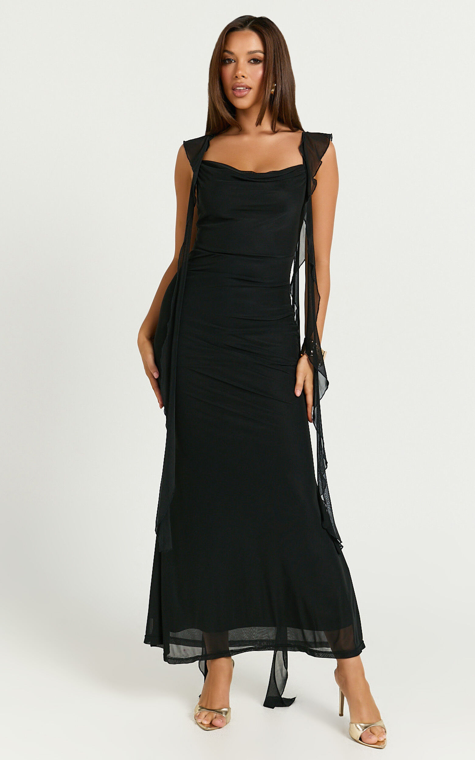 Rosha Maxi Dress - Ruffle Strap Dress in Black