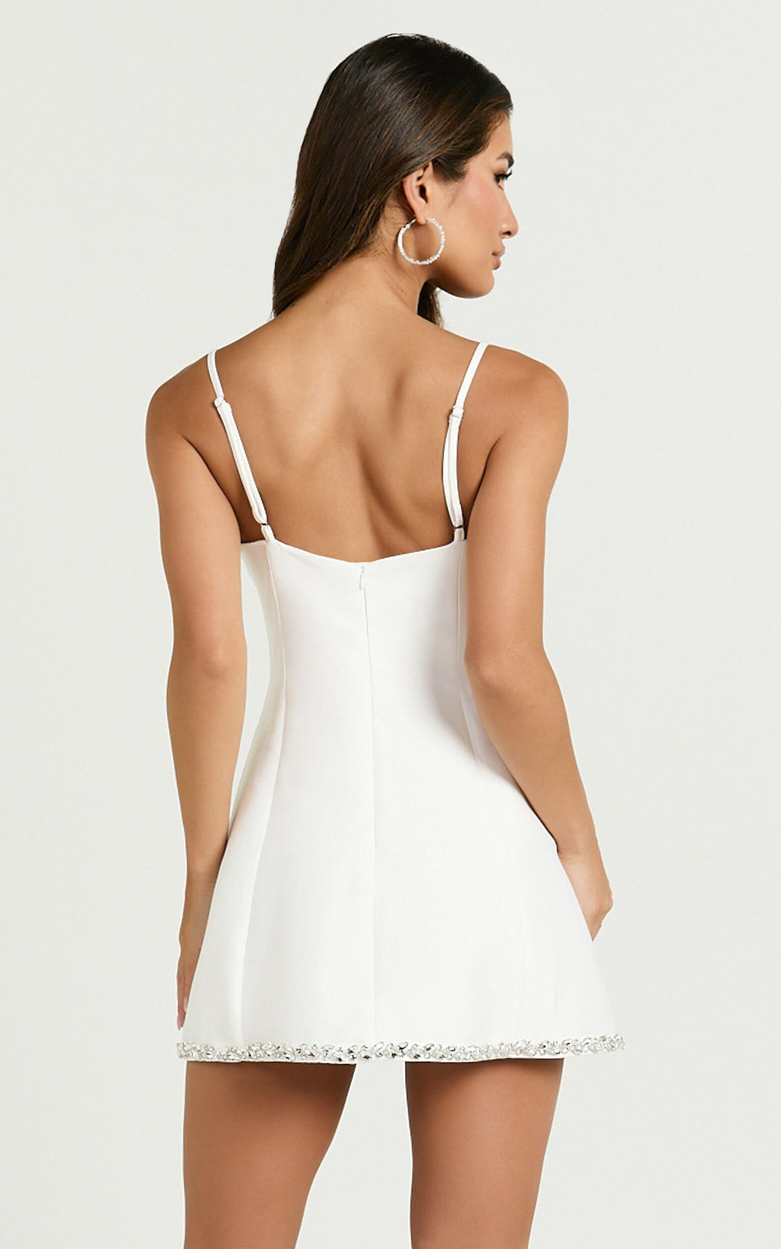 Violetta Mini Dress - Diamante Trim Plunge Front Dress in Off White
