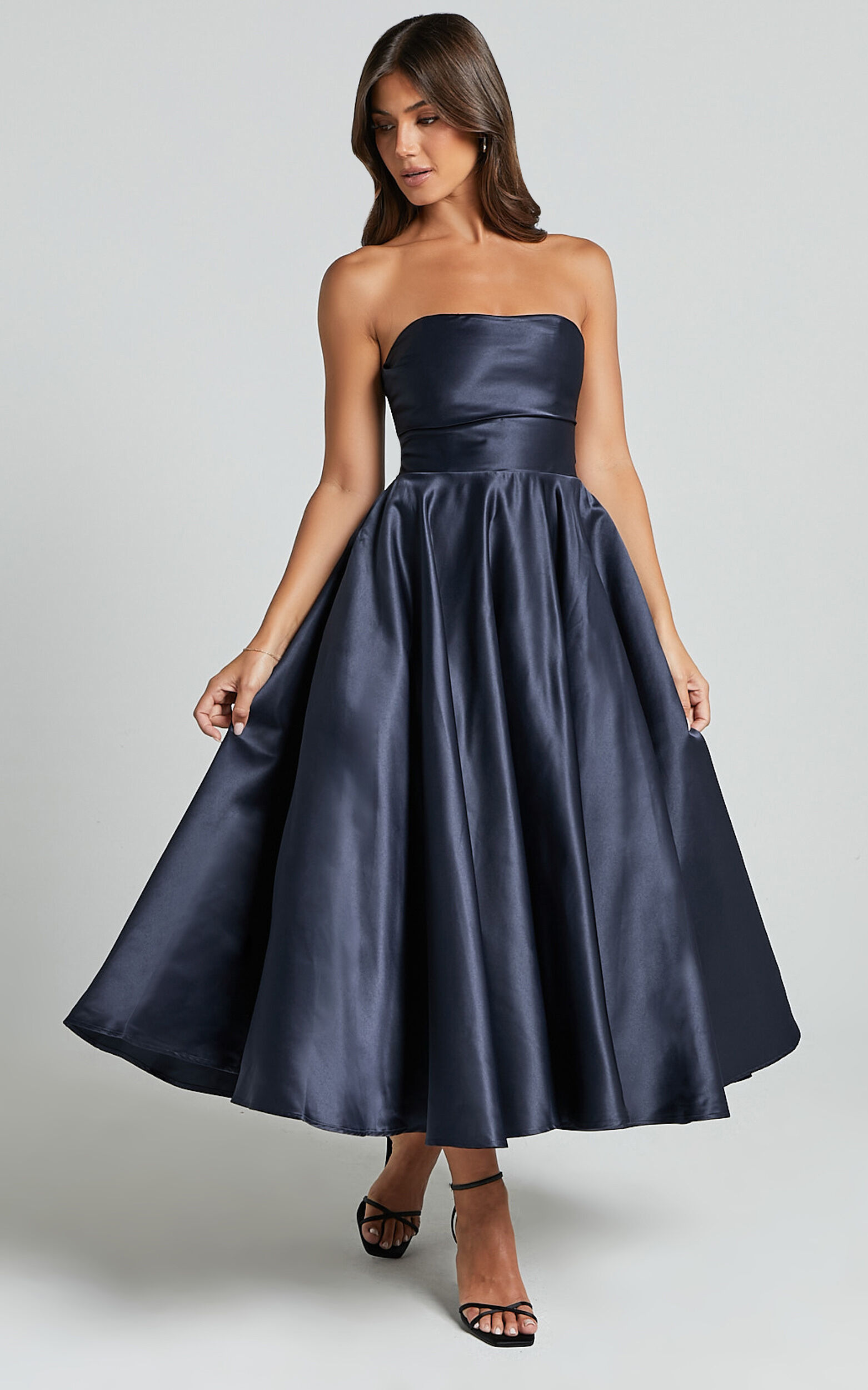 Helaina Midi Dress - Strapless A-Line Satin Dress in Navy