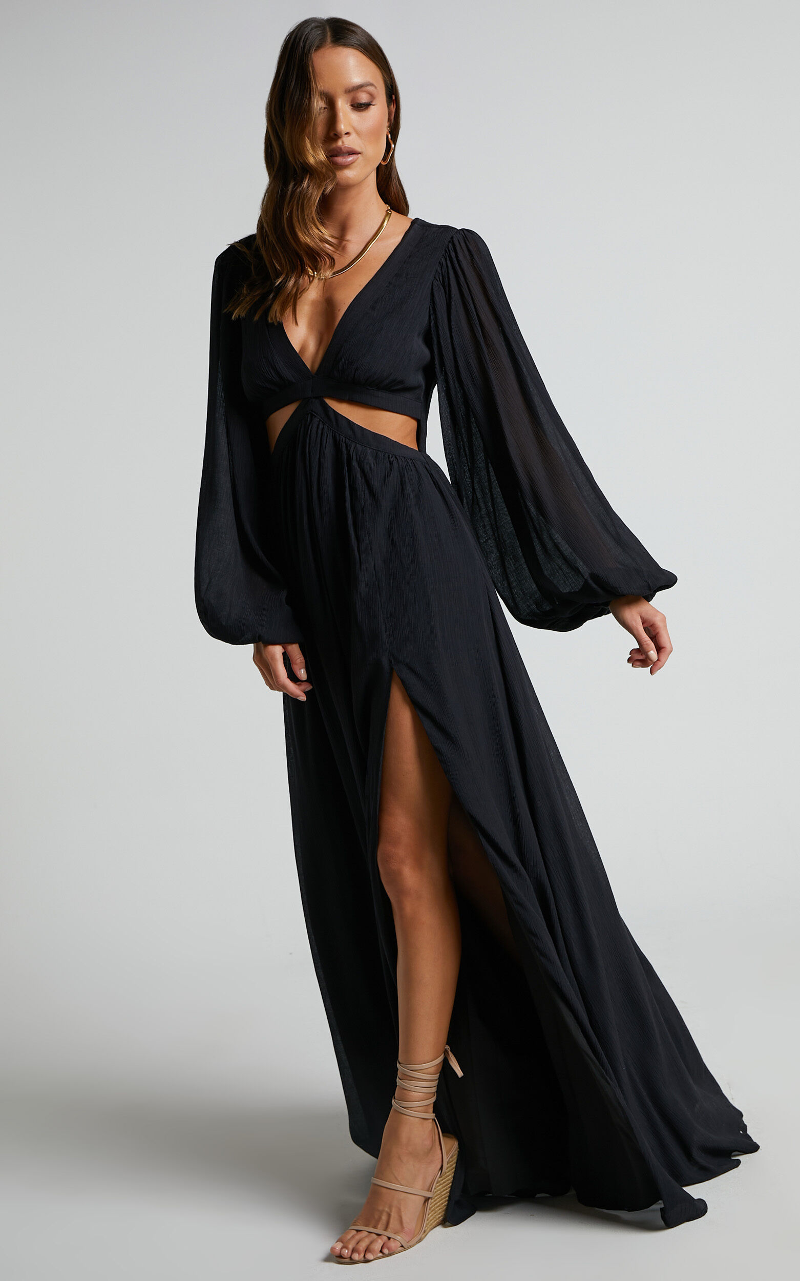 Paige Maxi Dress - Side Cut Out Balloon Sleeve Dress in Black