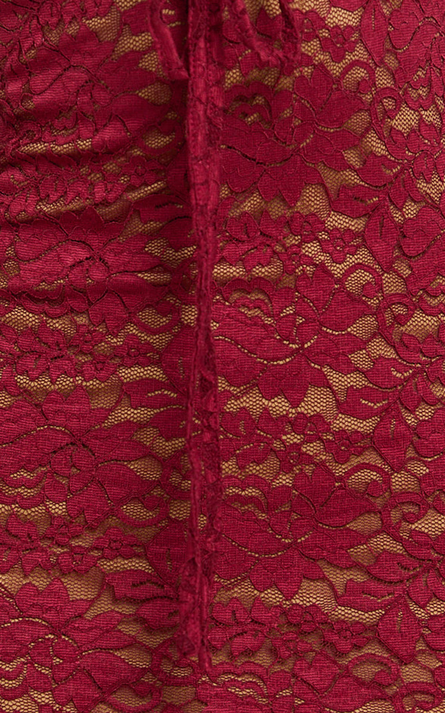 Collette Midi Dress - Ruched Bust Wide Strap Detail Lace Midi Dress in Wine