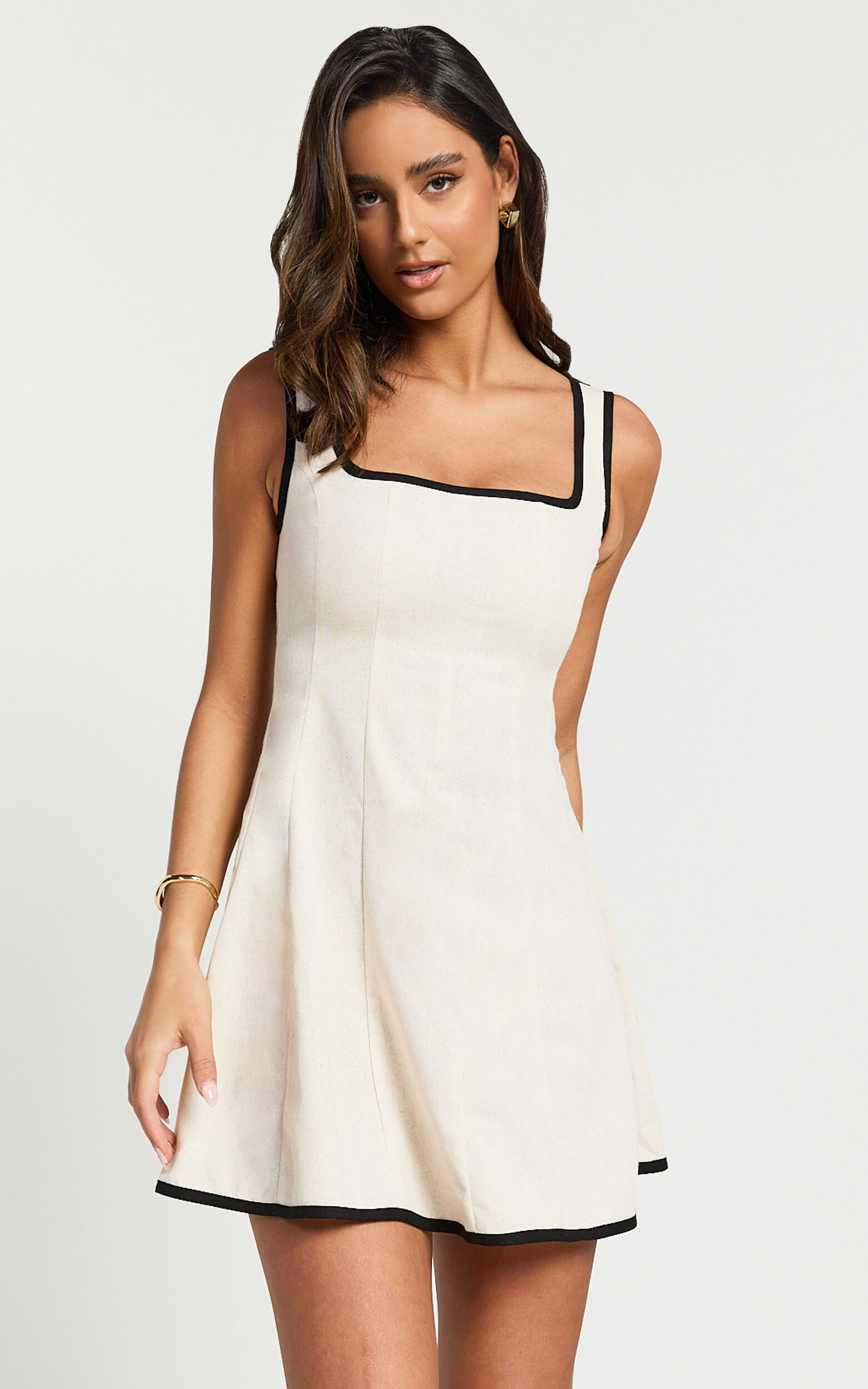 Antoni Mini Dress - Linen Ruched Back Square Neck Fit and Flare Dress in Natural