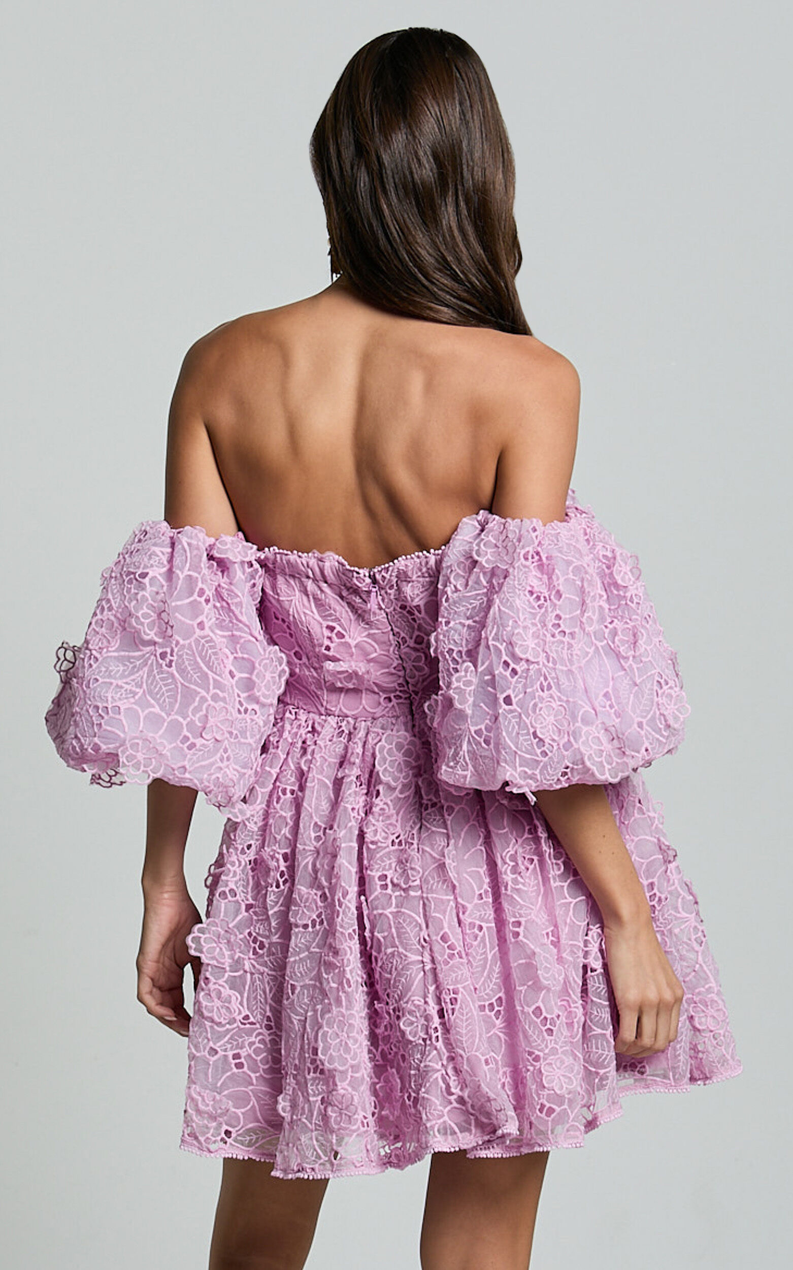 Amalie The Label - Lorena Sweetheart Off Shoulder Puff Sleeve Mini Dress in Purple