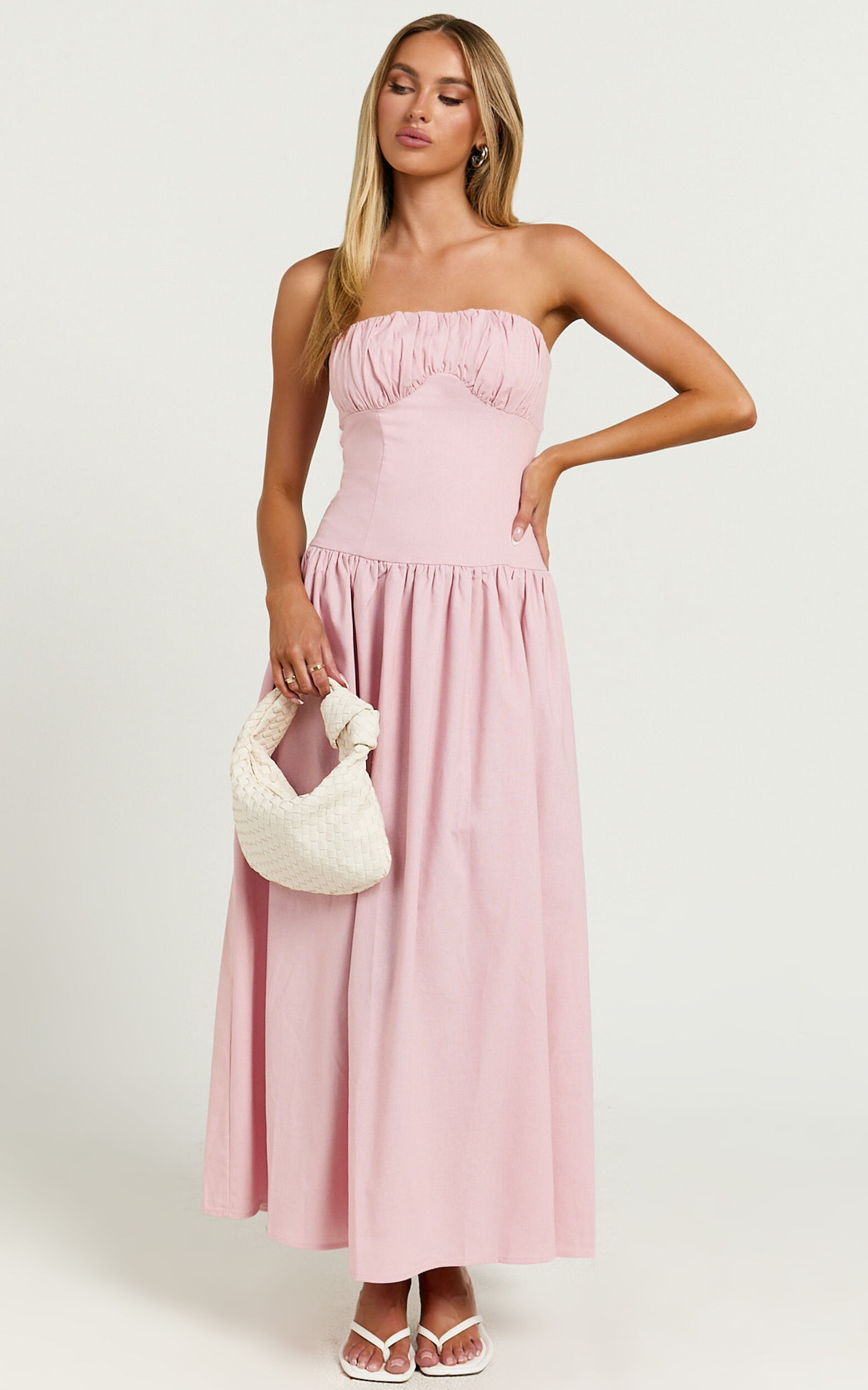 Jerah Midi Dress - Ruched Bust Full Skirt Dress in Pink