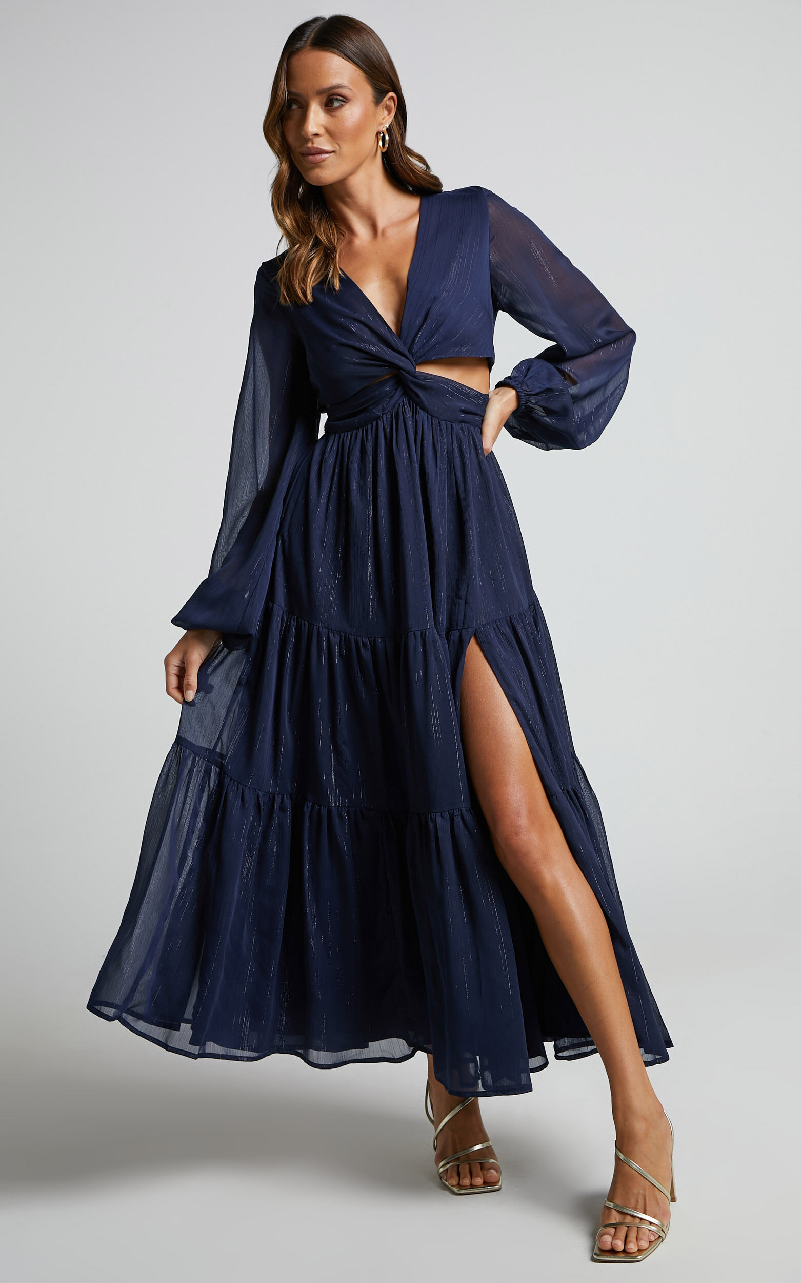 Edelyn Midi Dress - Cut Out Balloon Sleeve Tiered Dress in Navy
