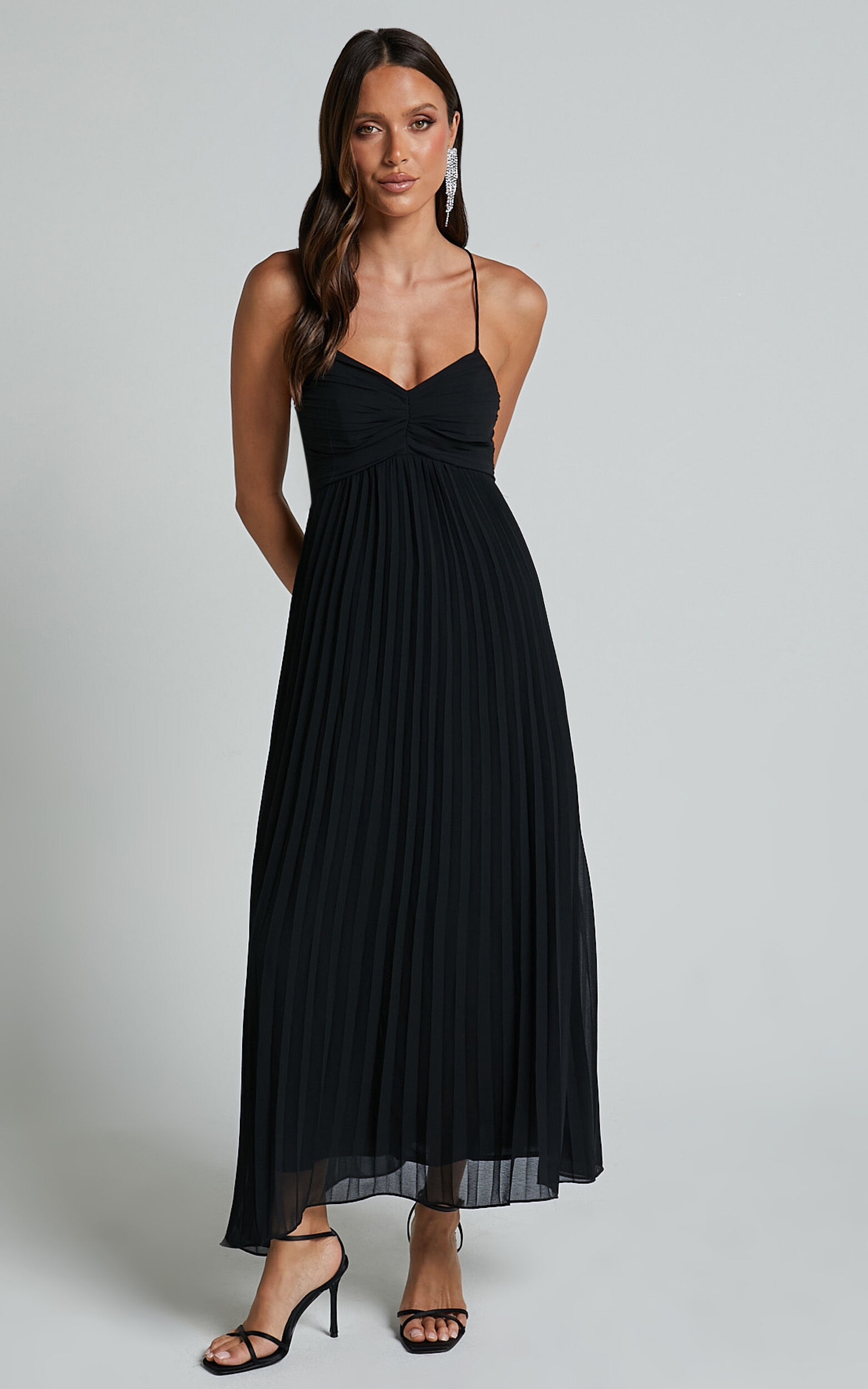 Jodie Midi Dress - Pleated Chiffon Ruched Bust Midi Dress in Black