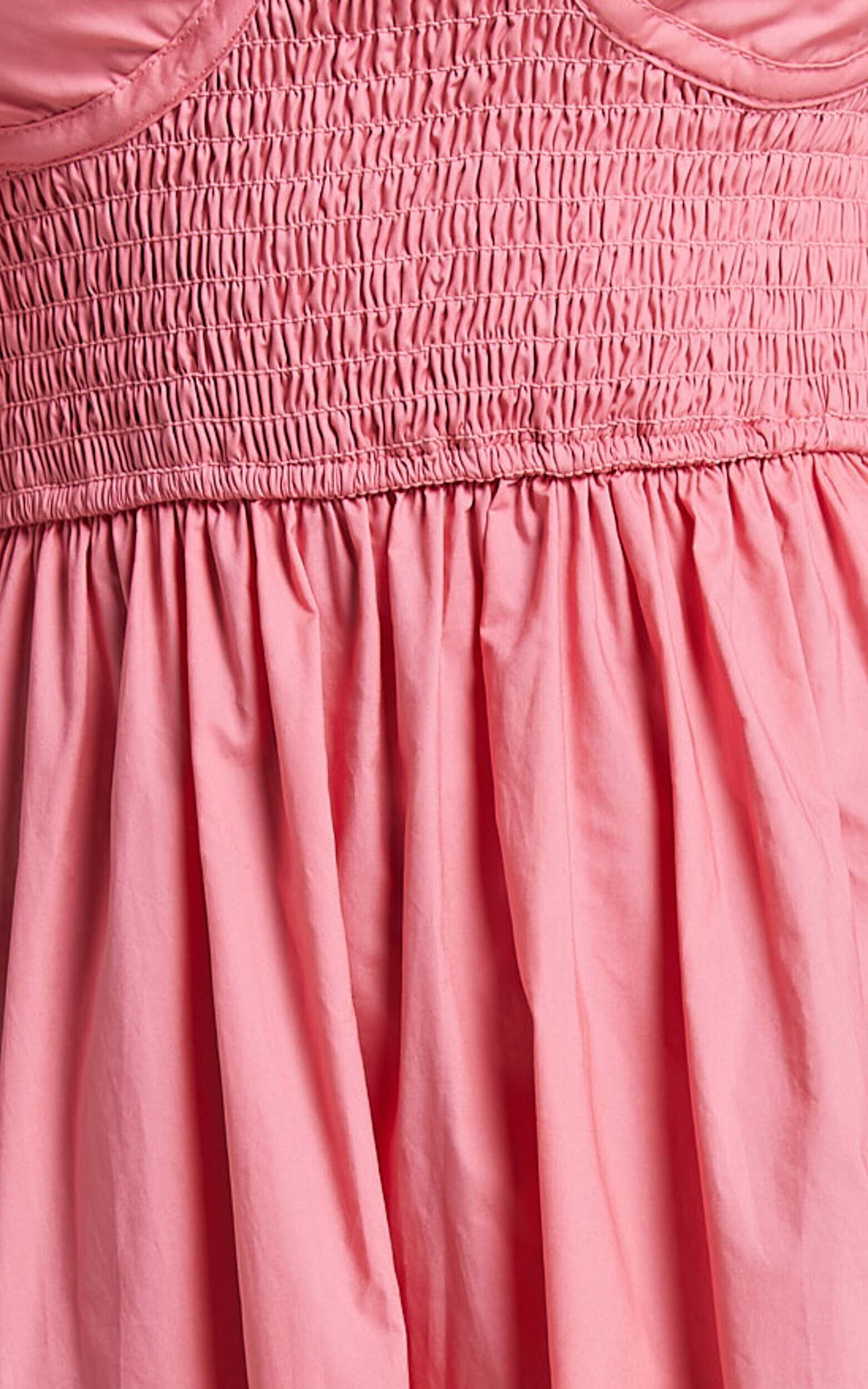 Raiza Midi Dress - Shirred Waist Puff Sleeve Dress in Coral Pink