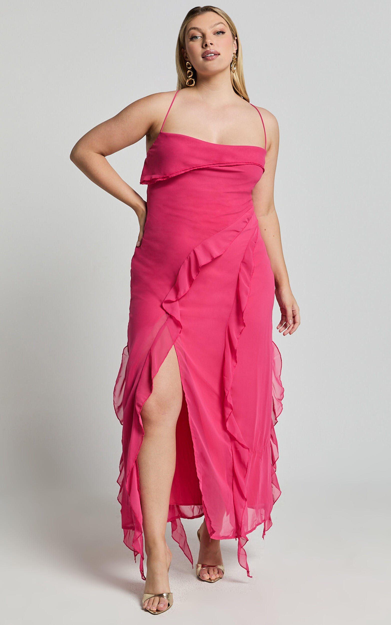 Connie Midi Dress- Ruffle Detail Dress in Hot Pink
