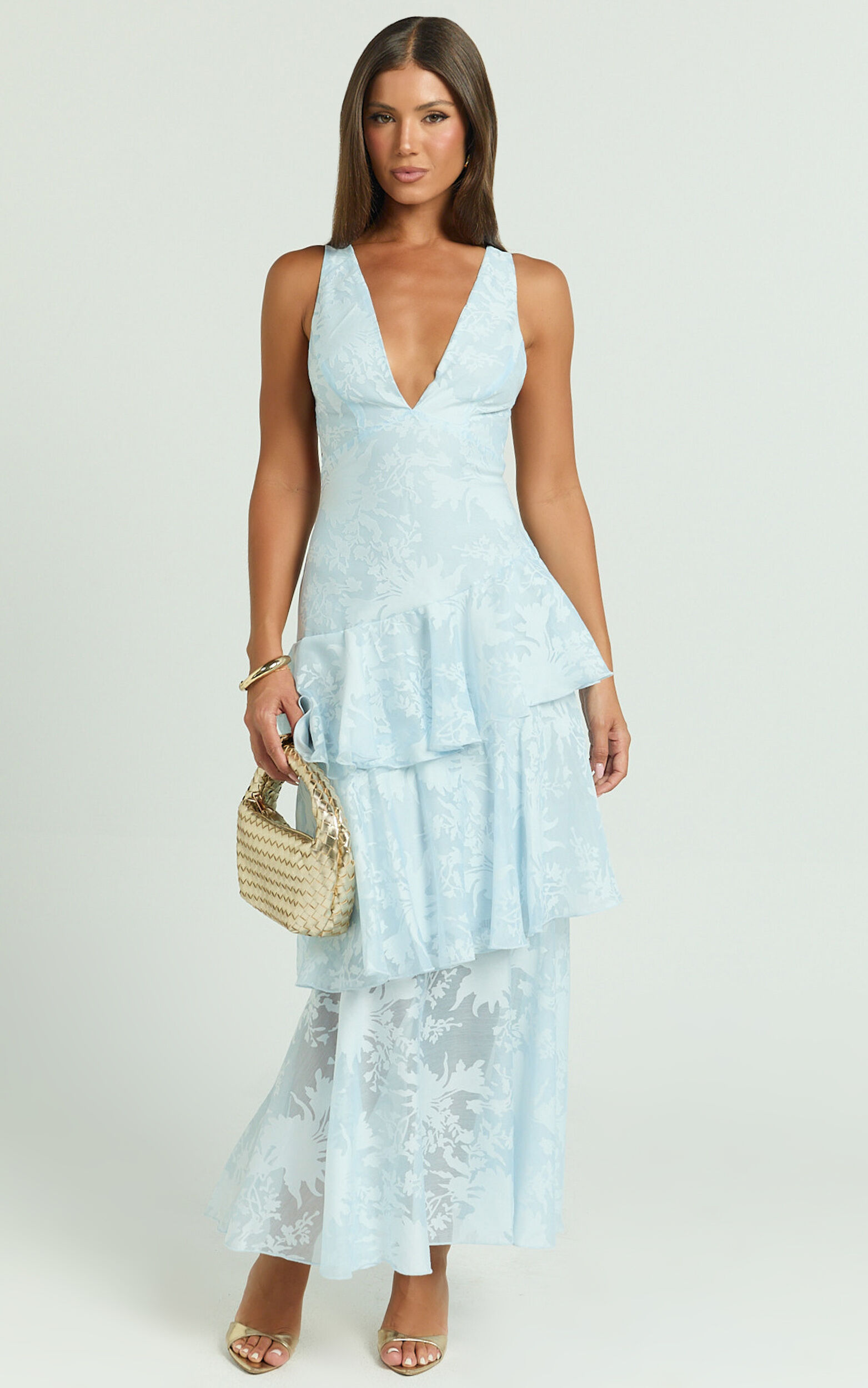 Eva Midi Dress - Deep V Neck Sleeveless Layered Dress in Blue