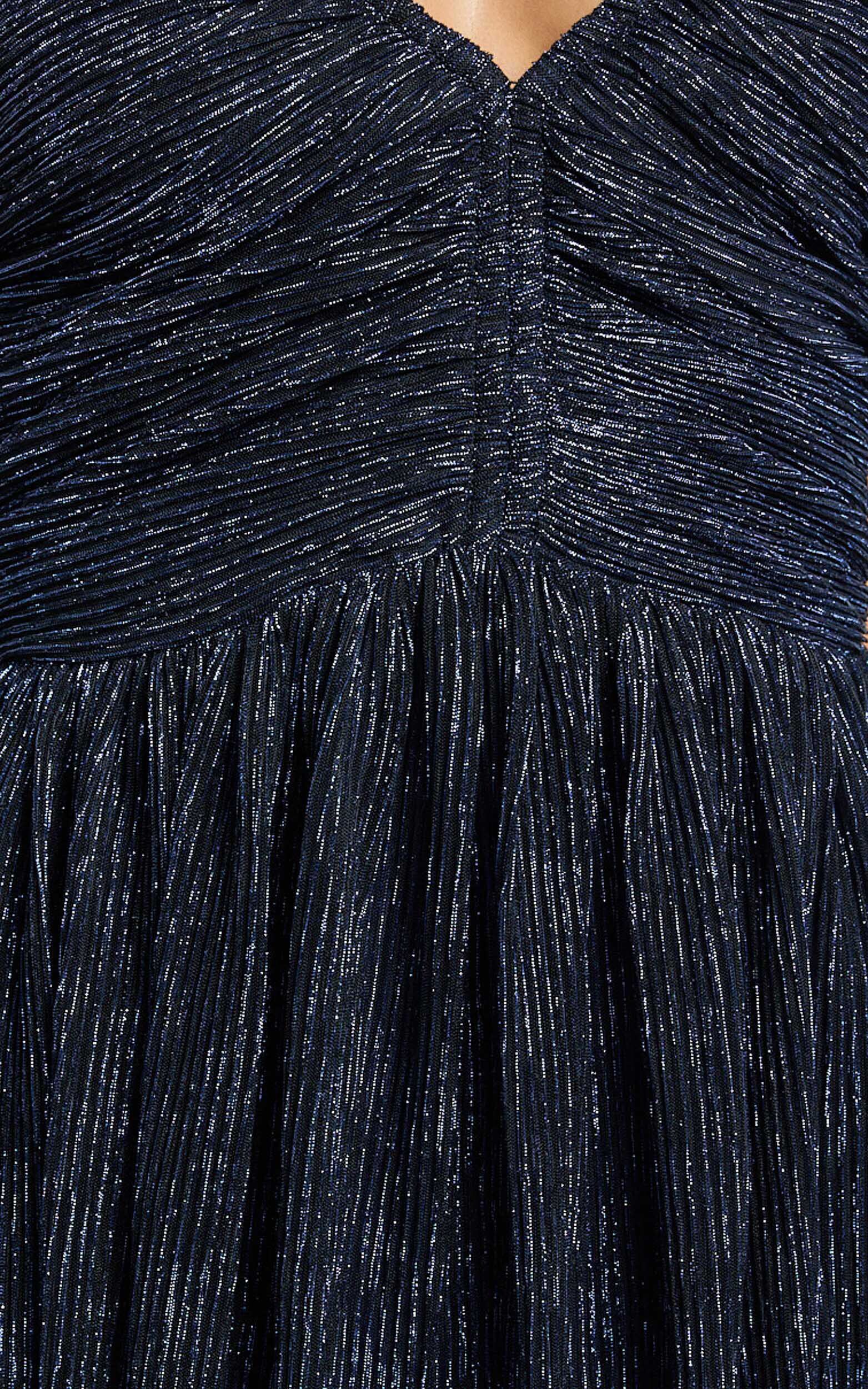 Sara Midi Dress - Ruched Bodice Lurex Dress in Navy