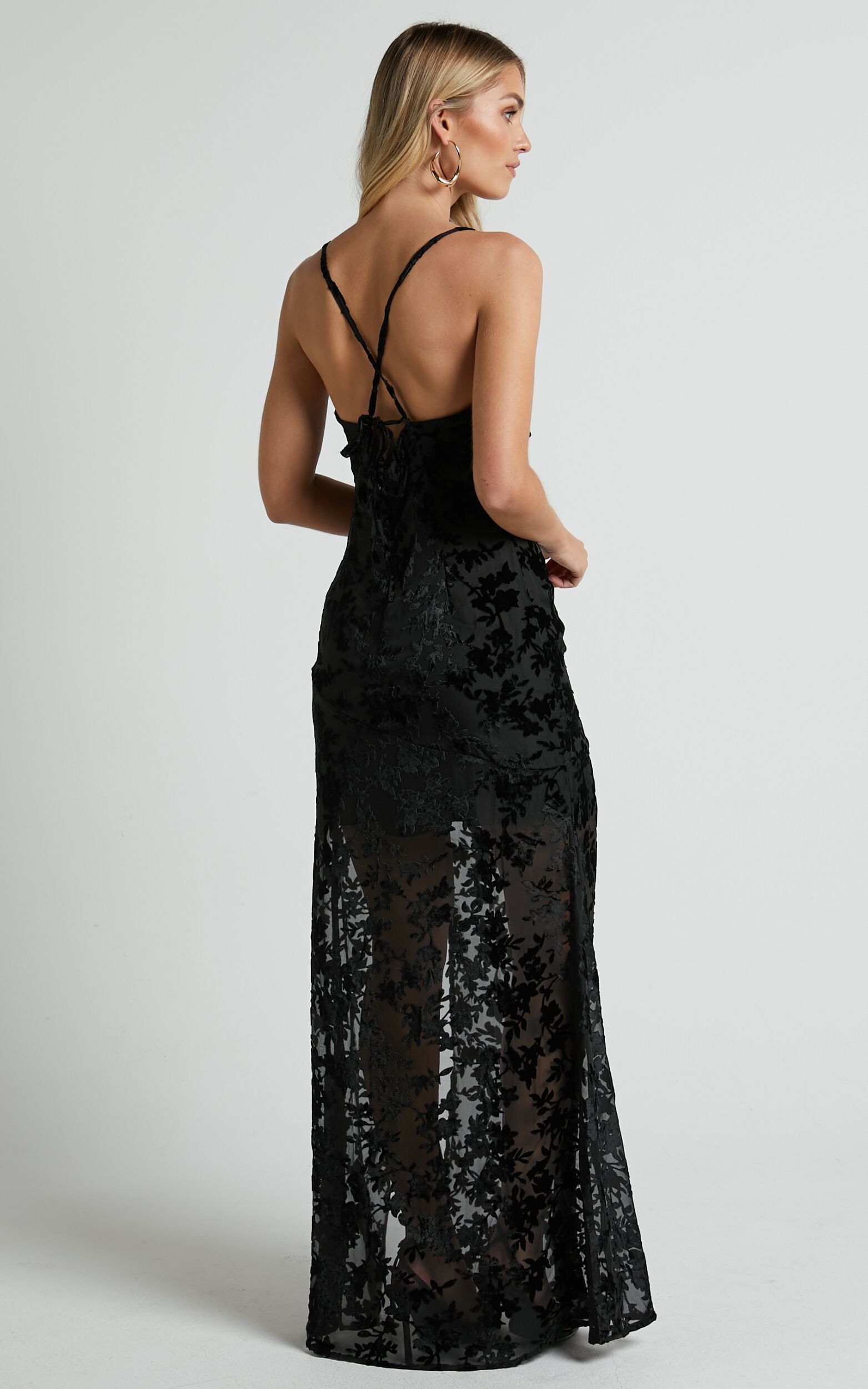 Aletta Maxi Dress - Cowl Cross Back Dress in Ebony Burn Out Floral