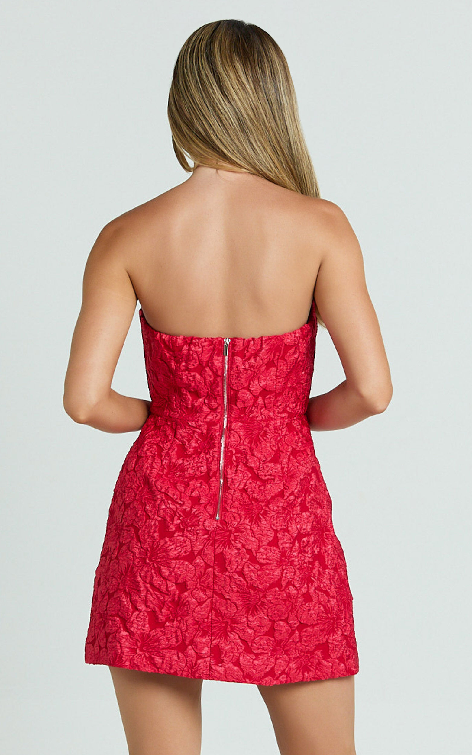 Brailey Mini Dress - Strapless Dress in Red Jacquard