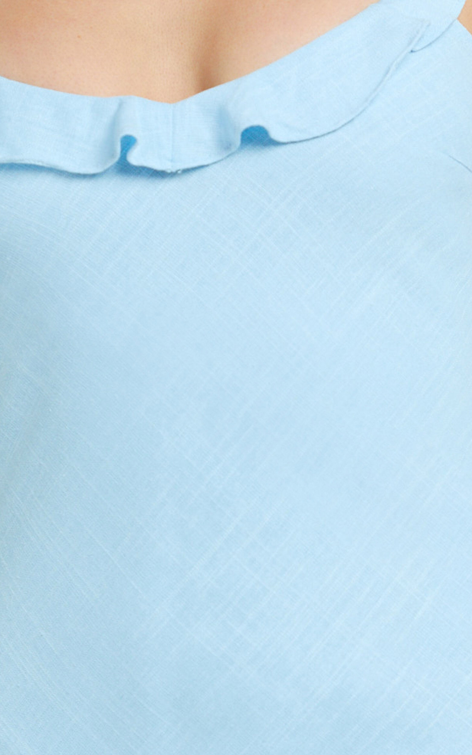 Jenkins Midi Linen Dress - Scoop Frill Neck A Line Dress in Light Blue