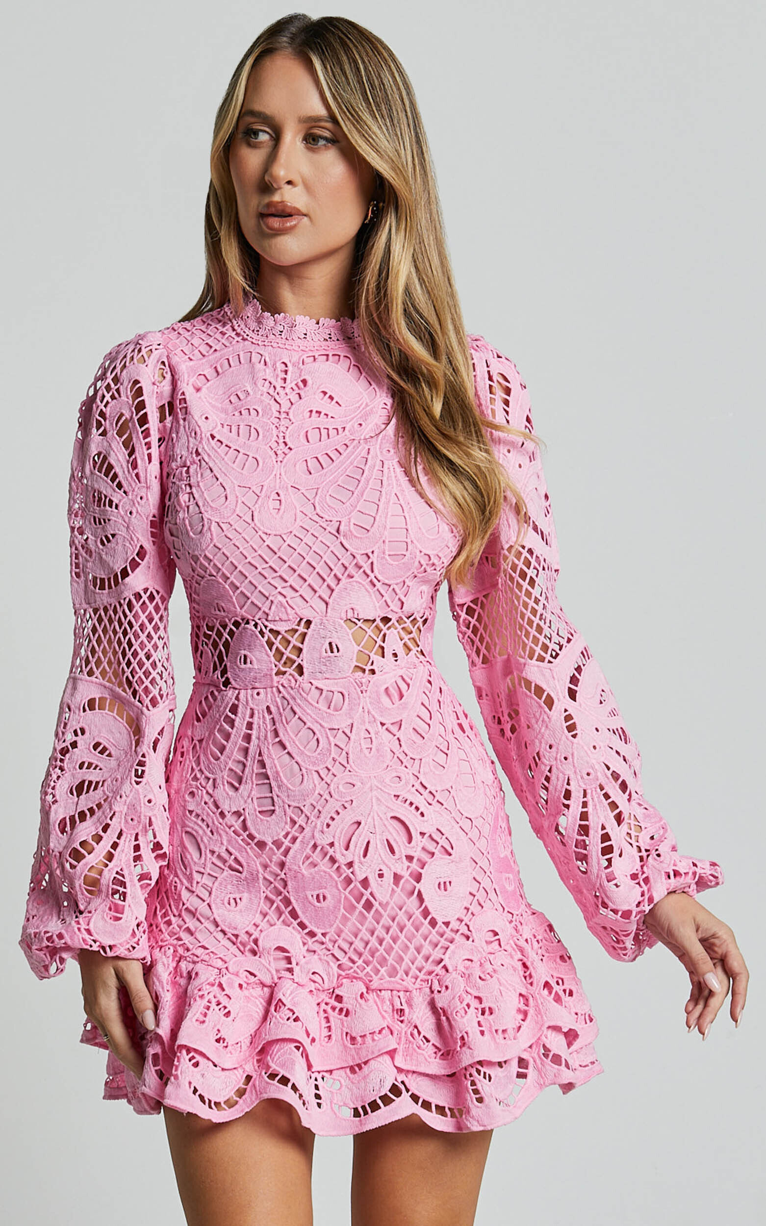 Kiss Me Now Mini Dress - Long Puff Sleeve Dress in Pink