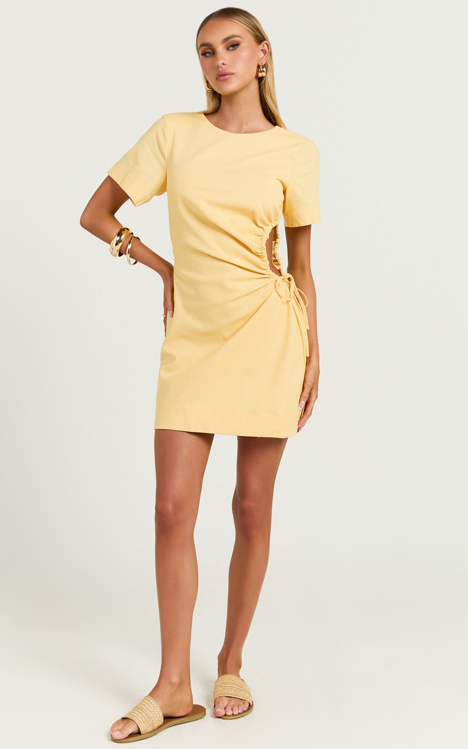 Samira Mini Dress - Ruched Cut Out Linen Dress in Lemon