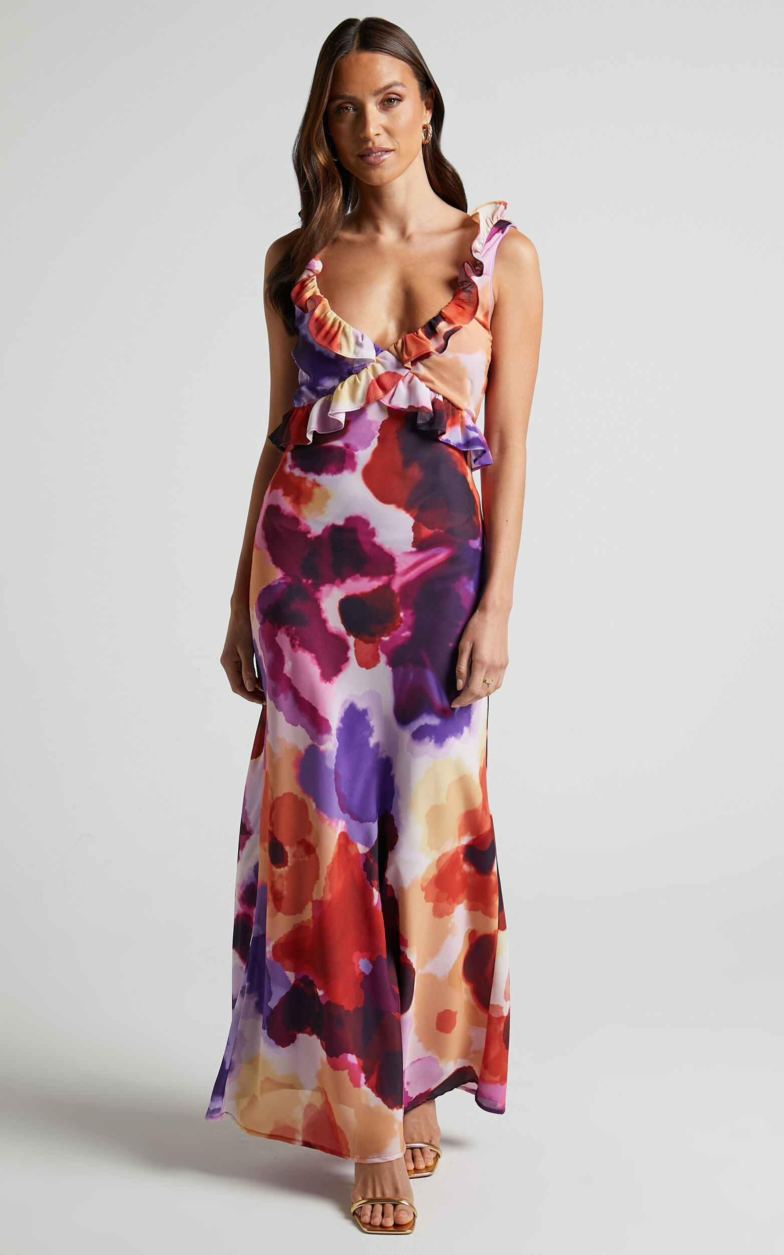 Charlie Midi Dress - V Neck Low Back Frill Detail Dress in Watercolour Floral