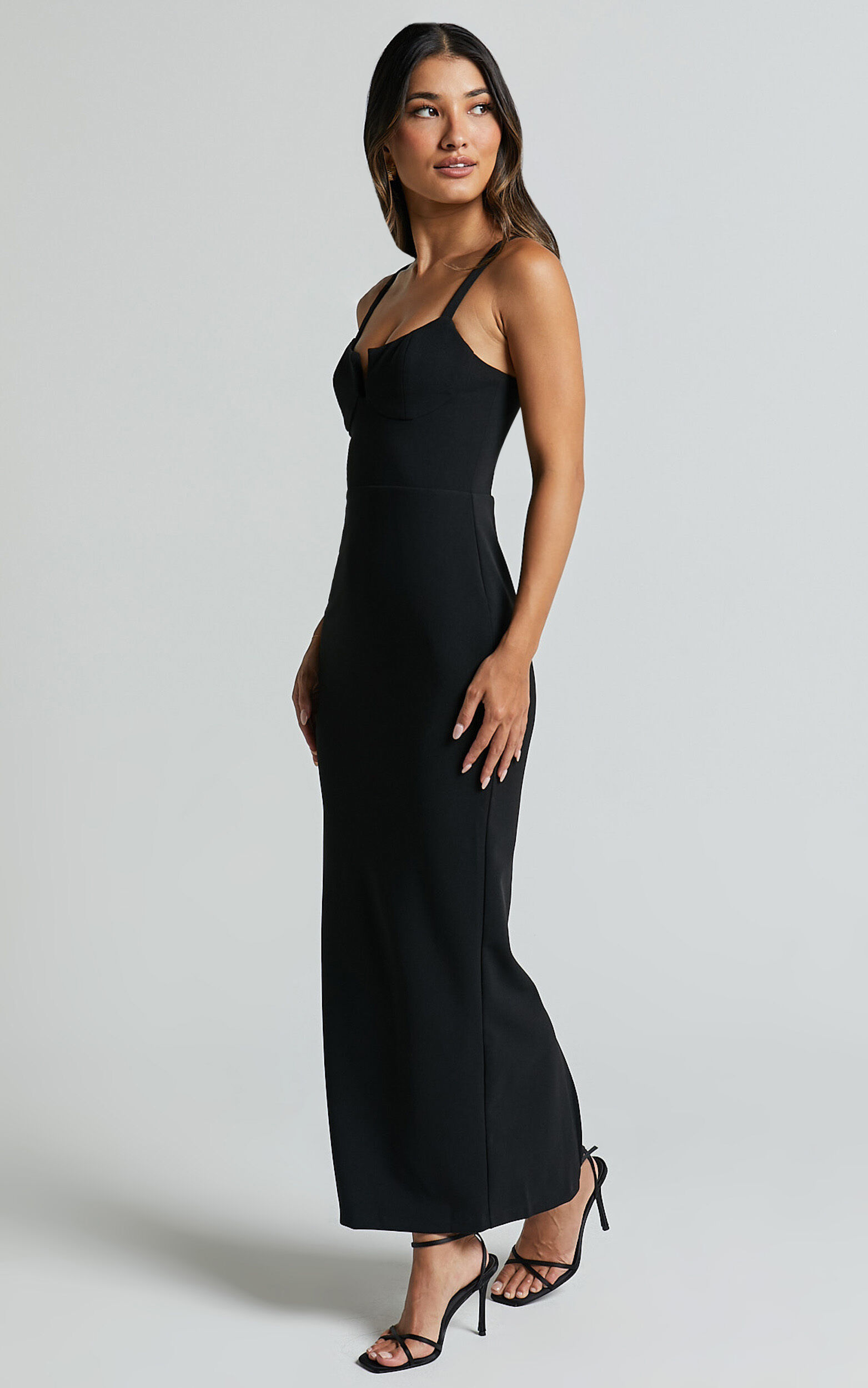 Evie Midi Dress - Strappy U Bar Sleeveless Dress in Black