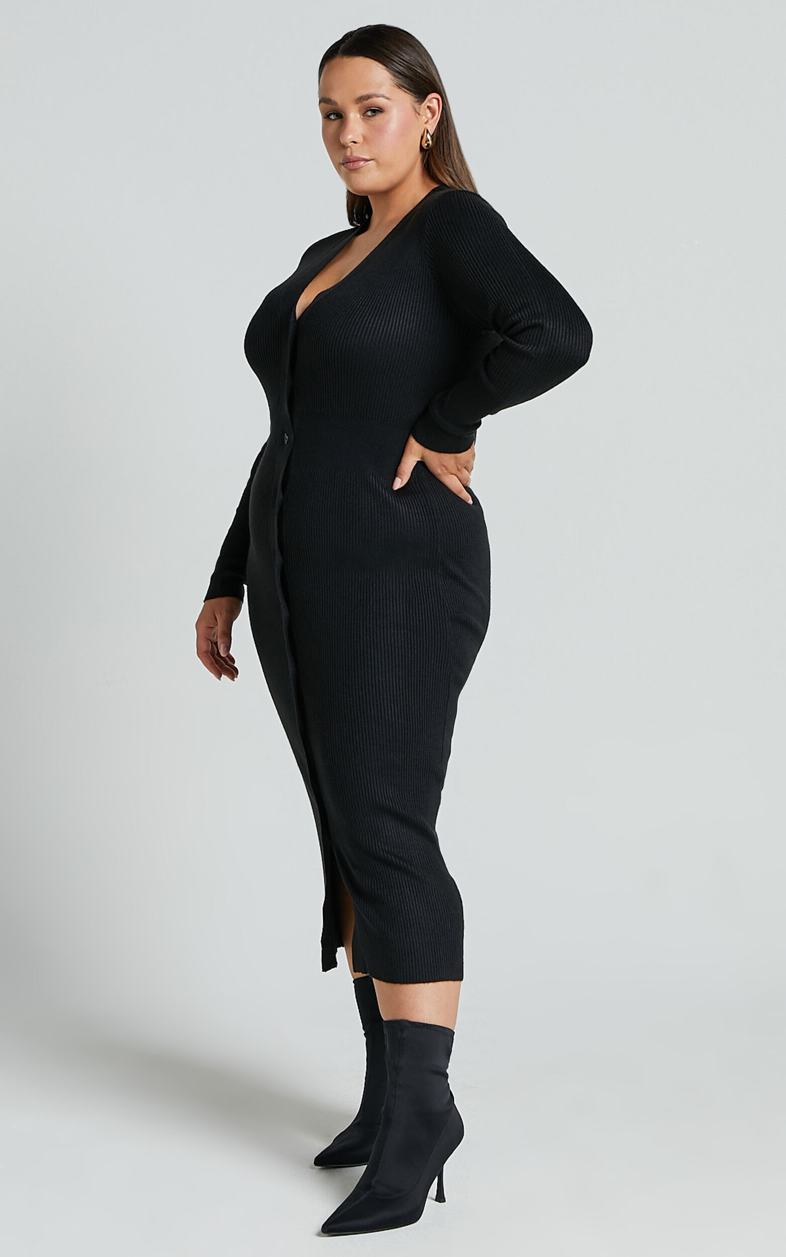 Leahanna Midi Dress - Button Front Knit Dress in Black