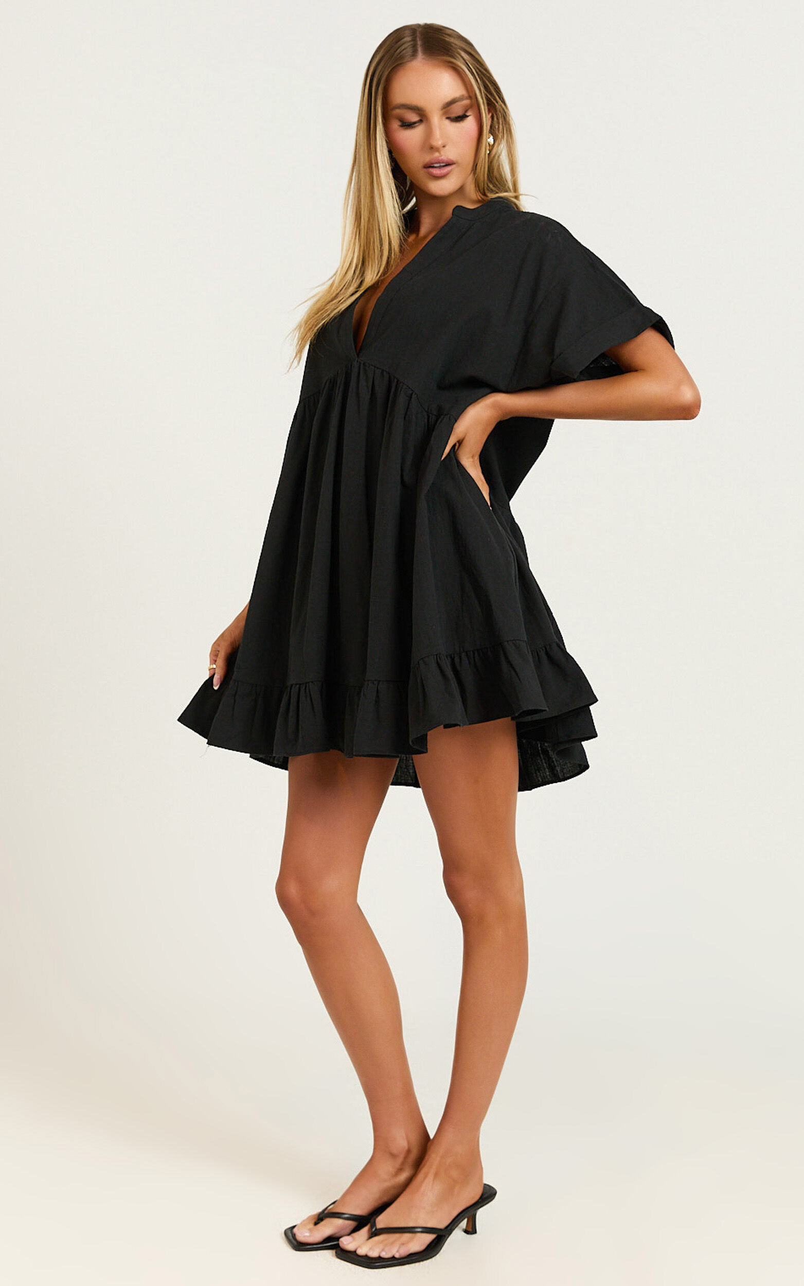 Calissa Mini Dress - Frill Hem Smock Dress in Black