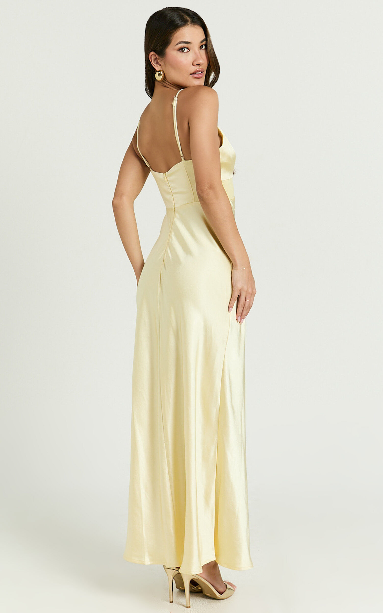 Charvie Midi Dress - V Neck Cut Out Detail Satin Slip Dress in Lemon