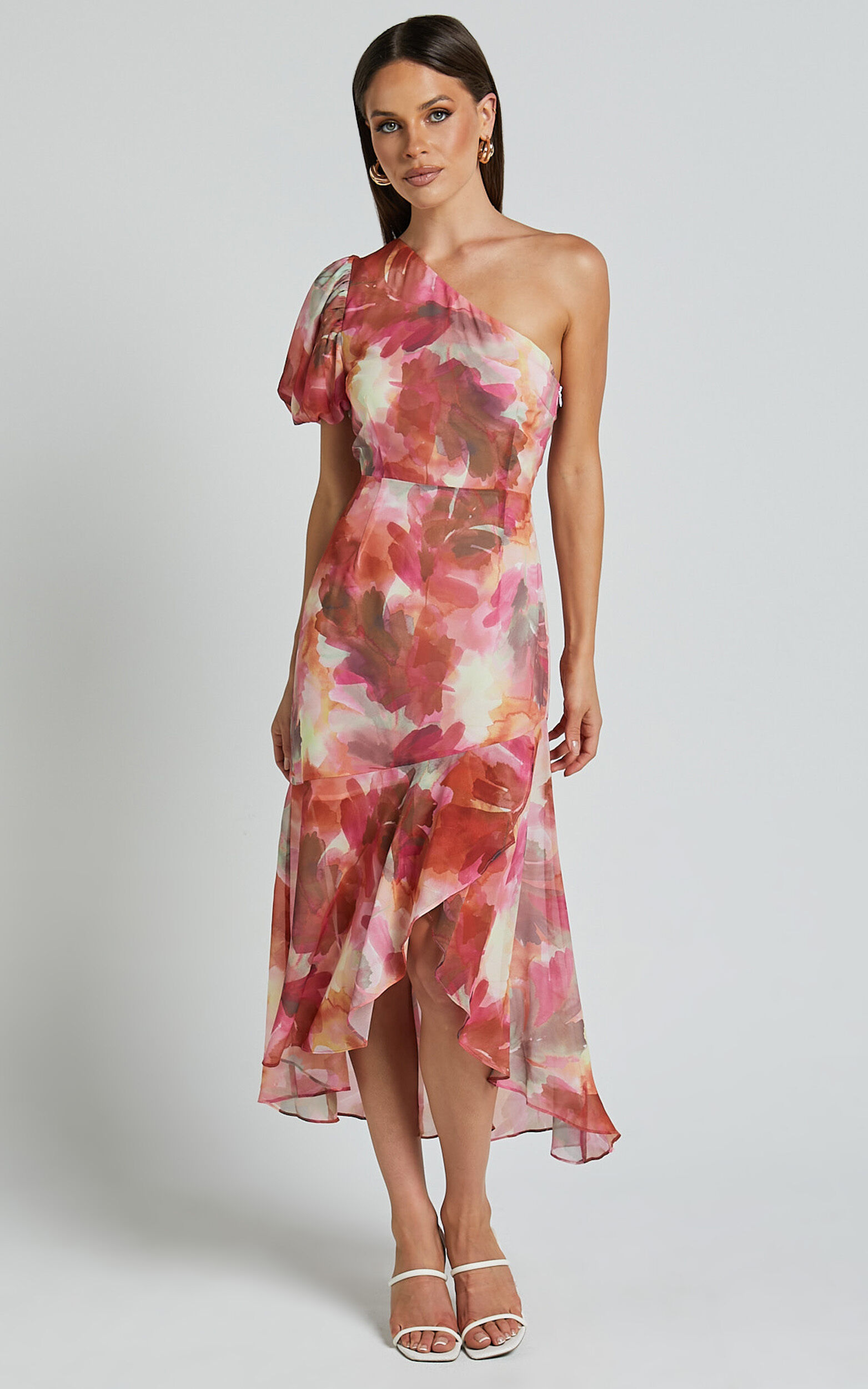 Labelle Midi Dress - Recycled Polyester One Shoulder Asymmetric Dress in Haze Floral