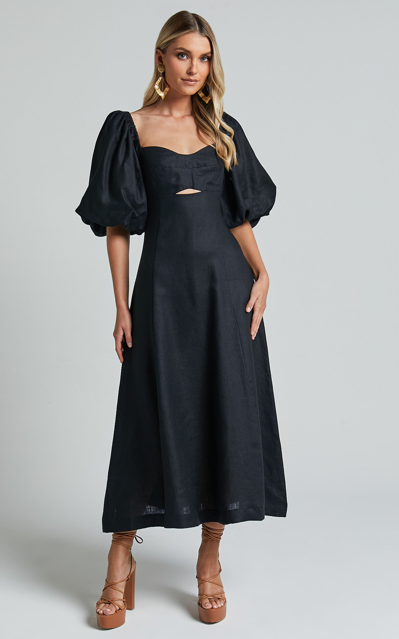 Amalie The Label - Catalina Linen Blend Sweetheart Balloon Sleeve Midi Dress in Black