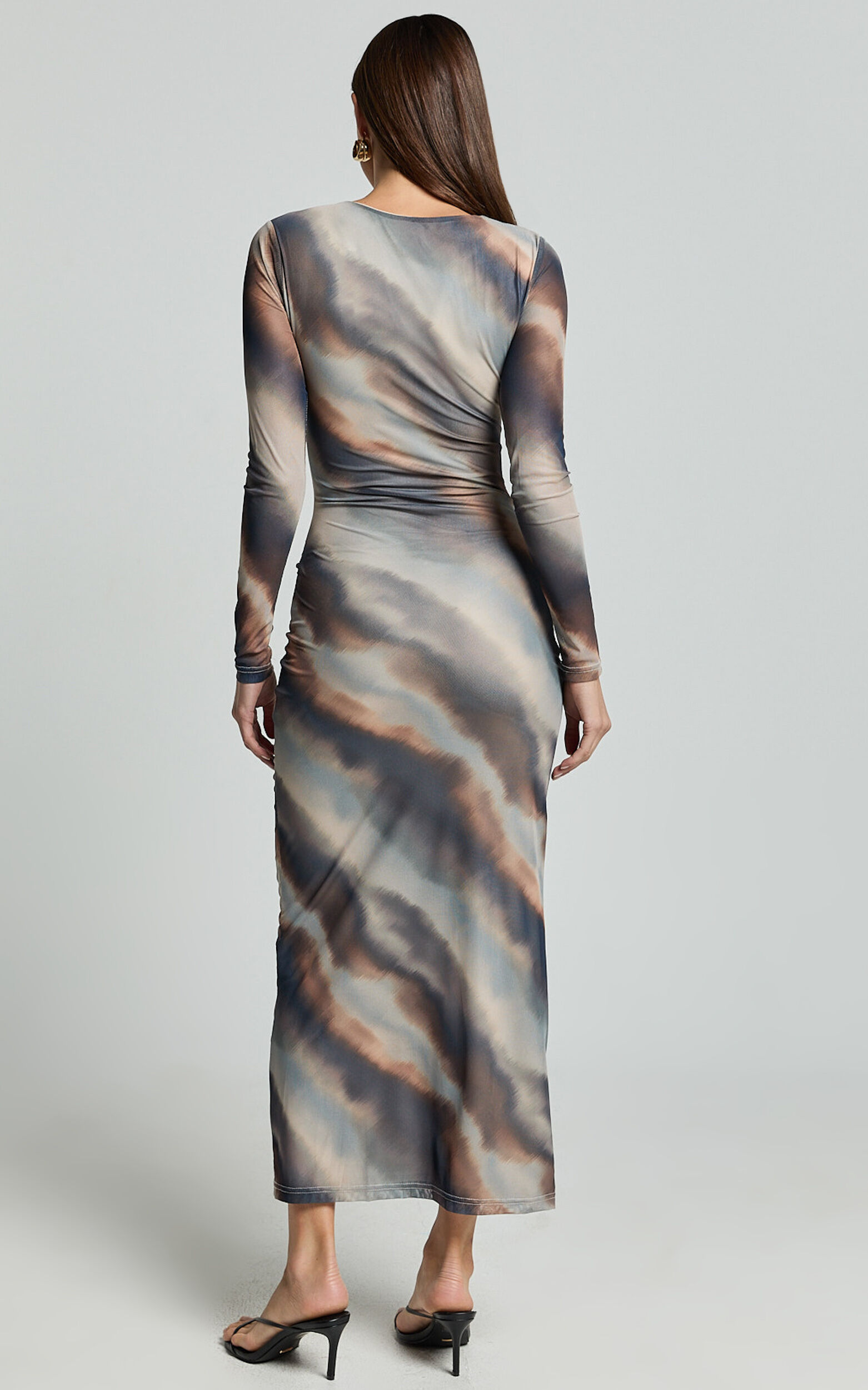 Zyra Midi Dress - High Neck Long Sleeve Mesh Dress in Neutral Stripe