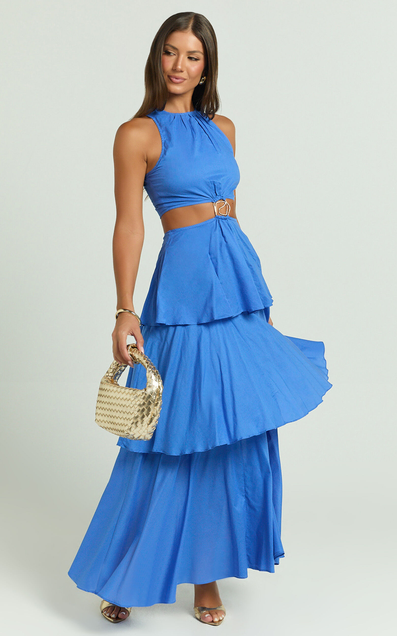 Elly Maxi Dress - Tiered Ruffle Cut Out Dress in Blue