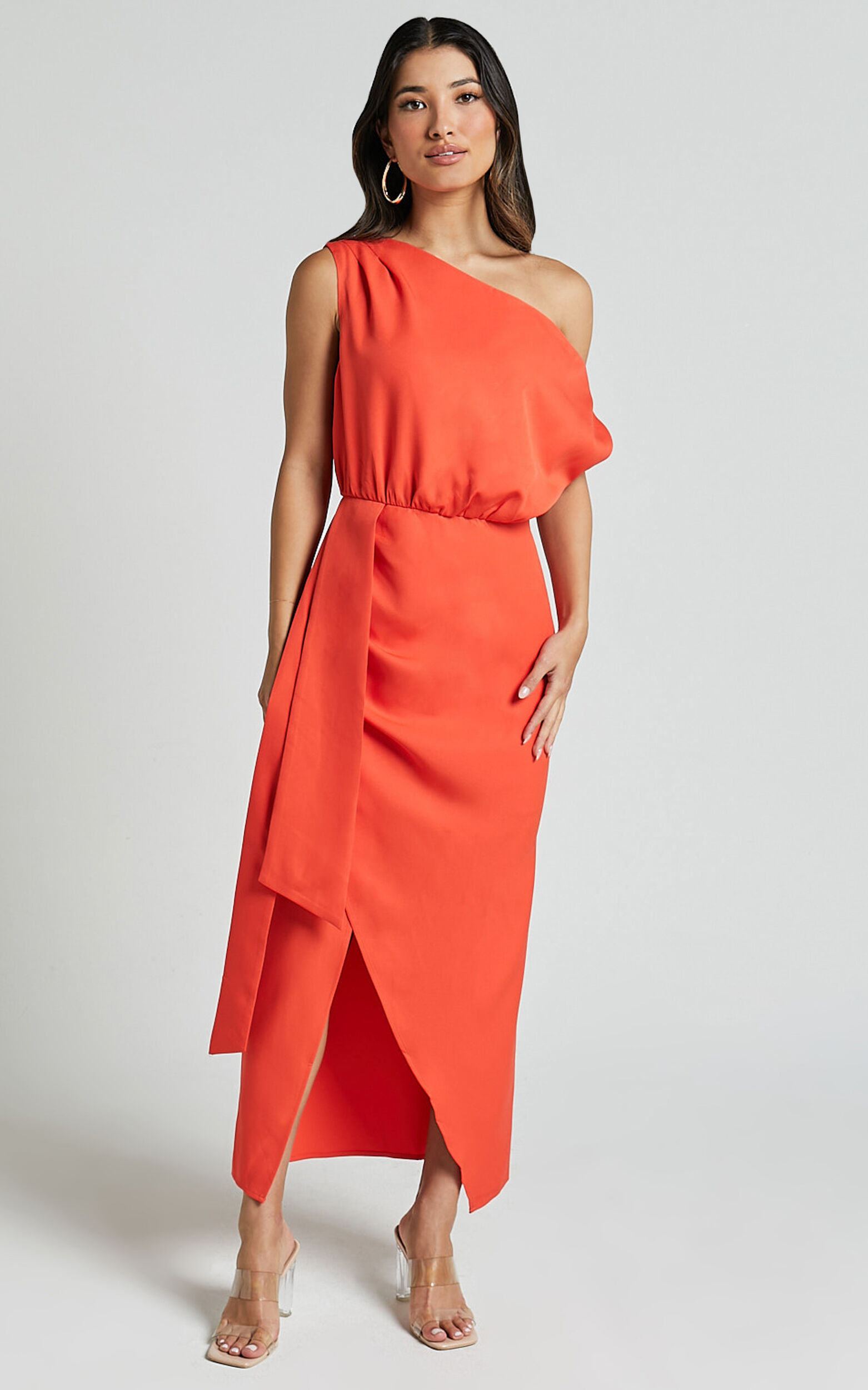 Zuri Midi Dress - One Shoulder Wrap Dress in Orange