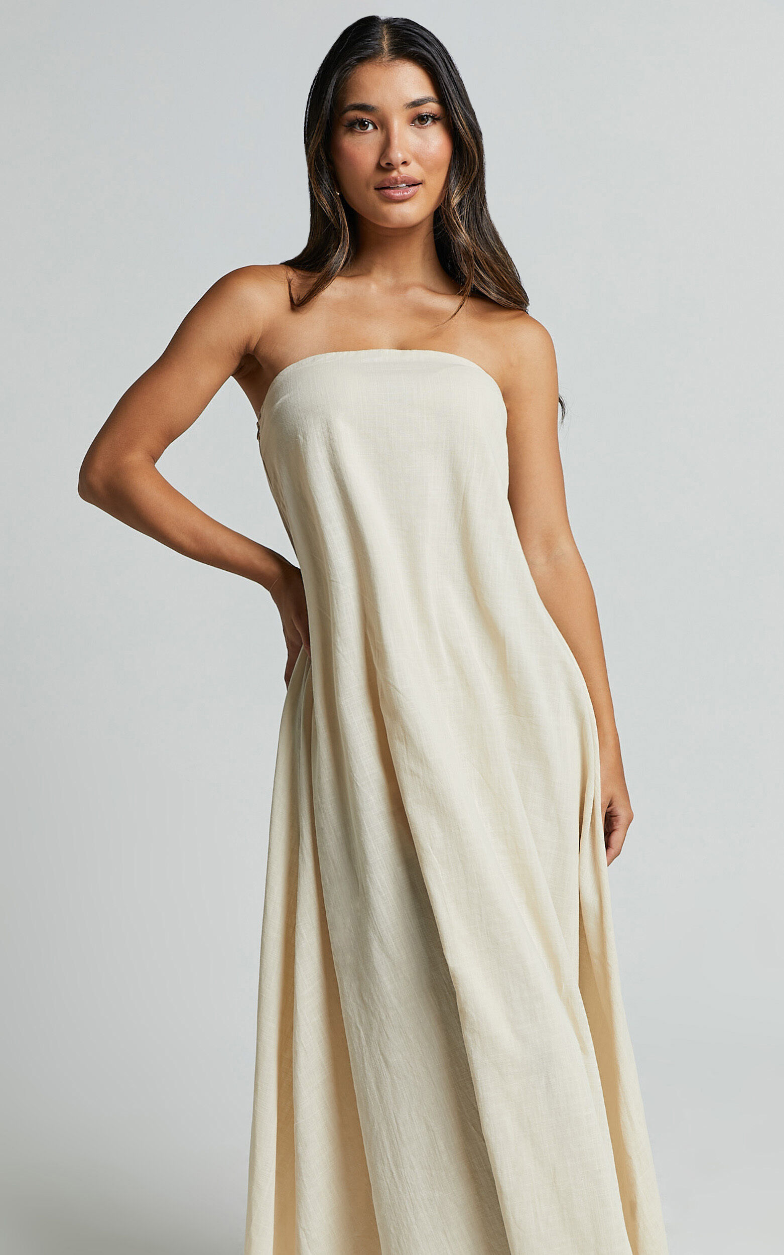 Adessa Maxi Linen Dress - Strapless A Line Dress in Beige