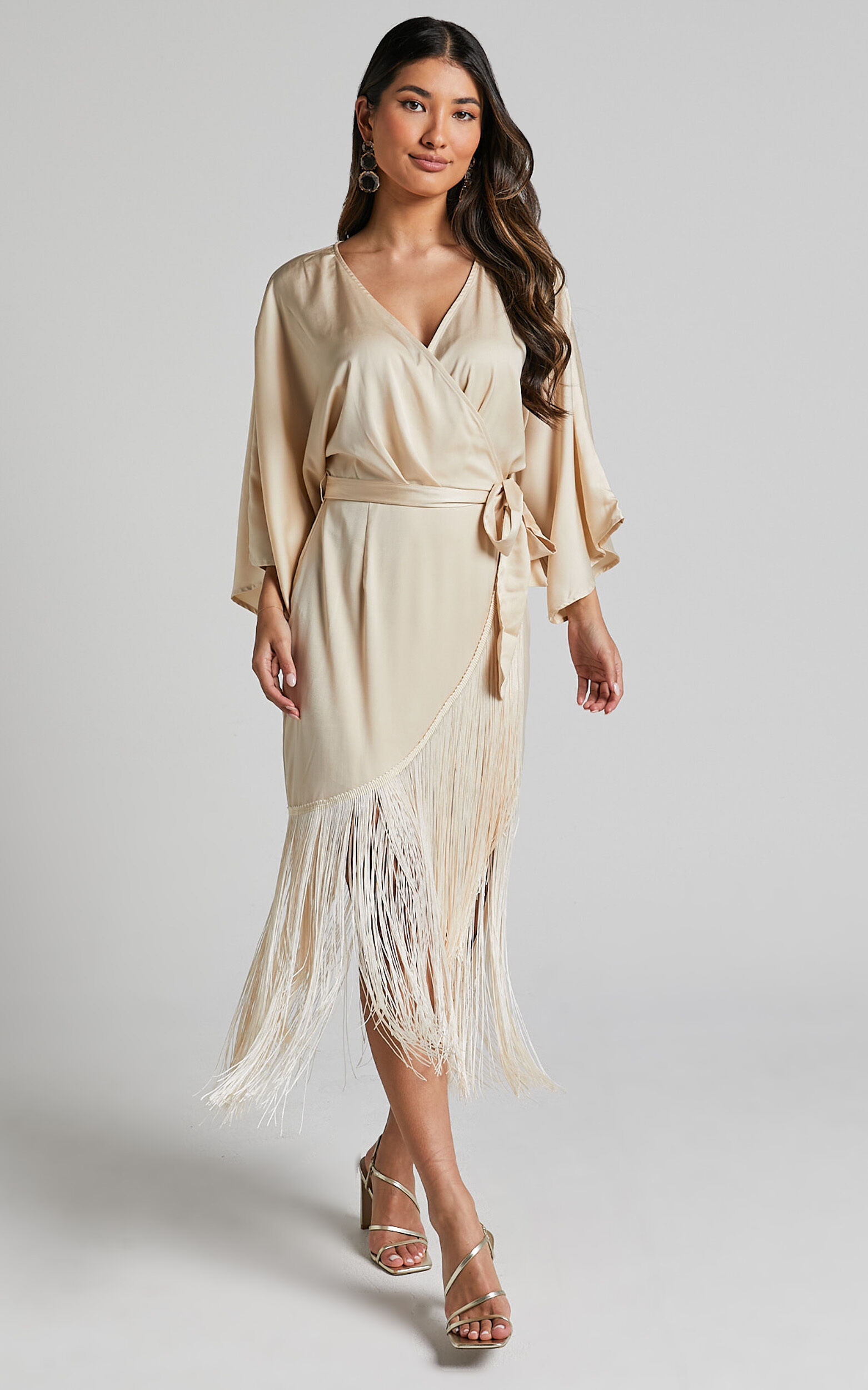Harlen Midi Dress - V Neck 3/4 Sleeve Asymmetric Fringe Hem Wrap Dress in Champagne