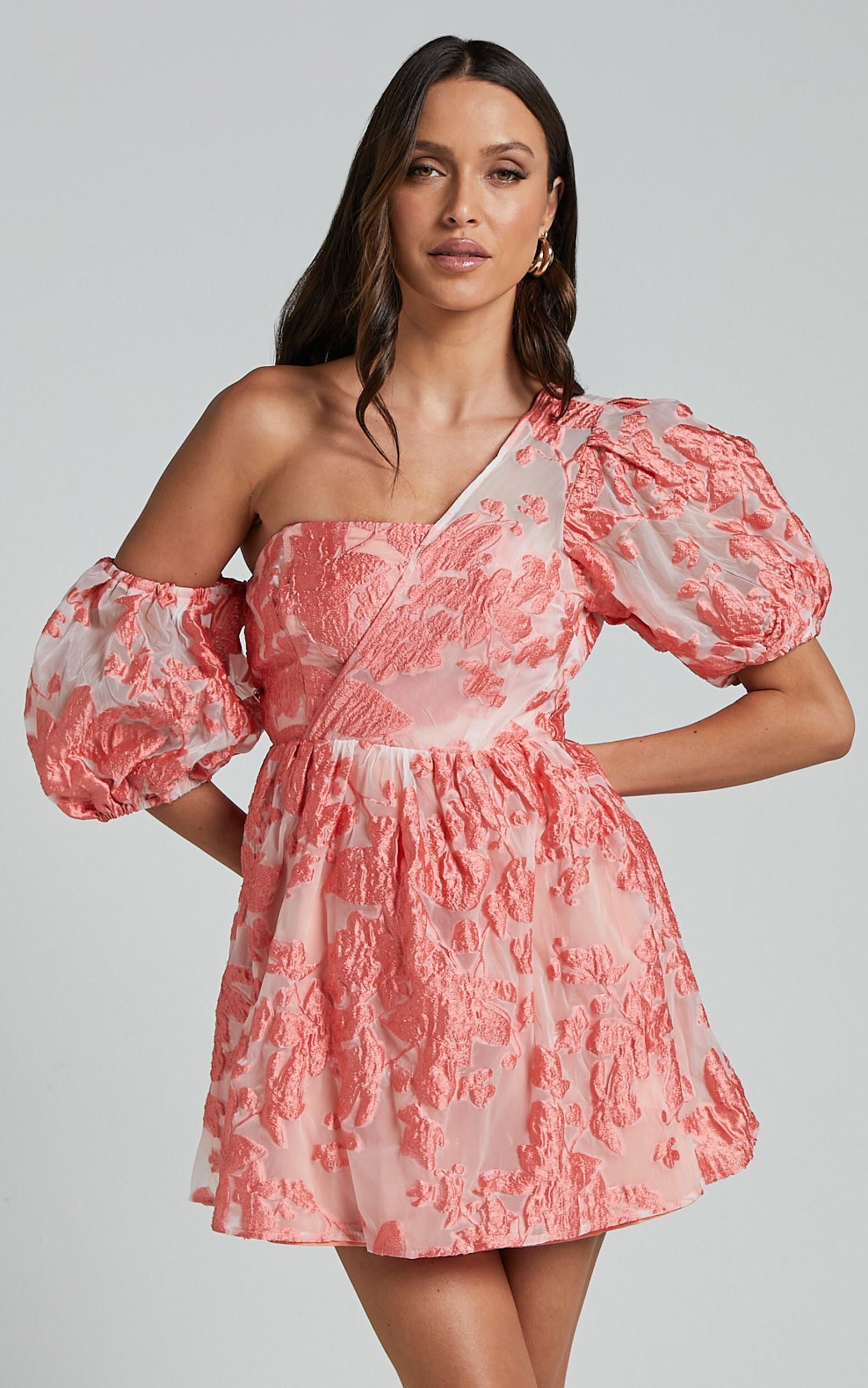 Charrie Mini Dress - One Shoulder Puff Sleeve Dress in Peach Jacquard