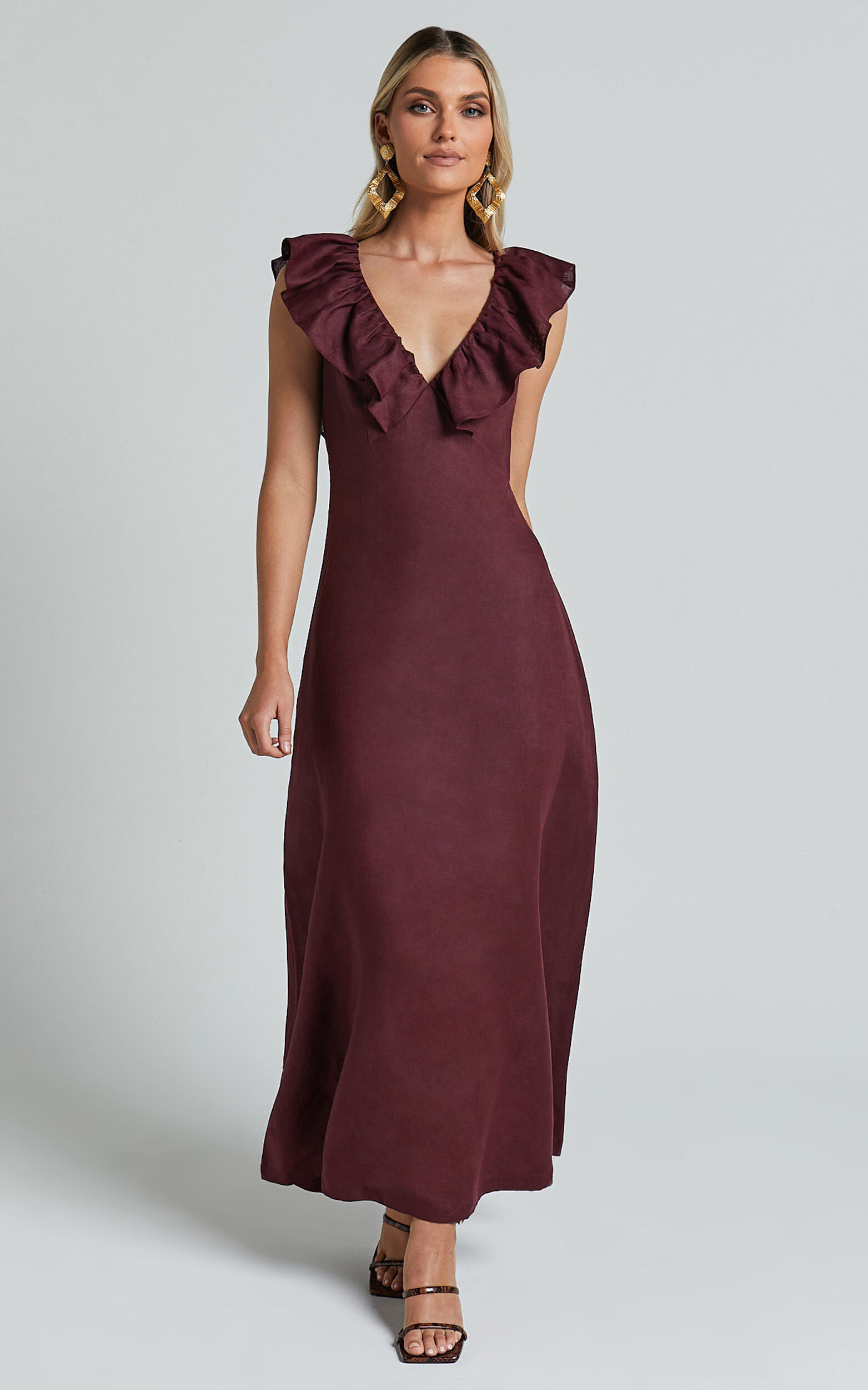 Amalie The Label - Penelope Linen Flutter Sleeve Low Back Maxi Linen Dress in Wine