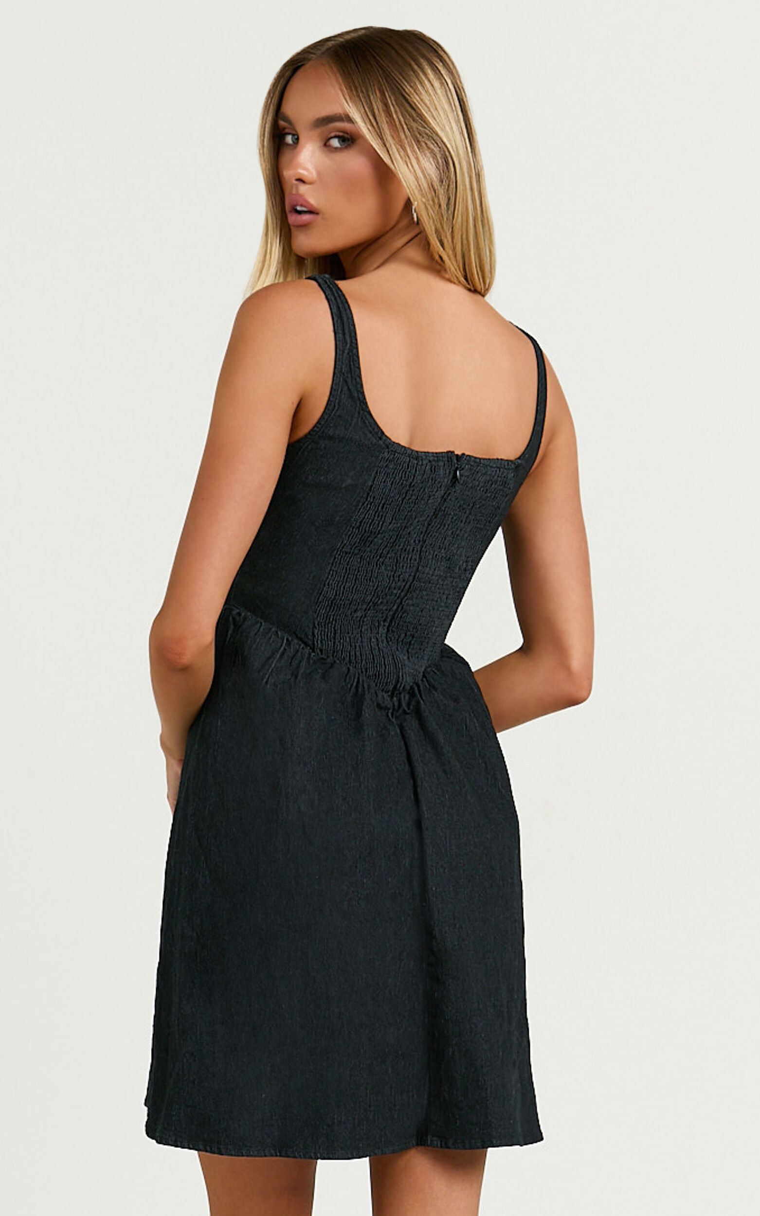 Rhaziya Mini Dress - Sleeveless Straight Neck Fit and Flare Dress in Black