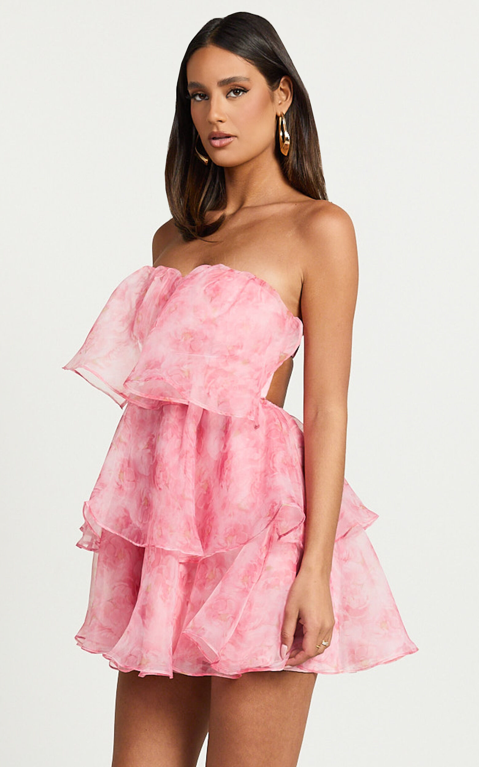 Caren Mini Dress - Sweetheart Strapless Layered Dress in Pink