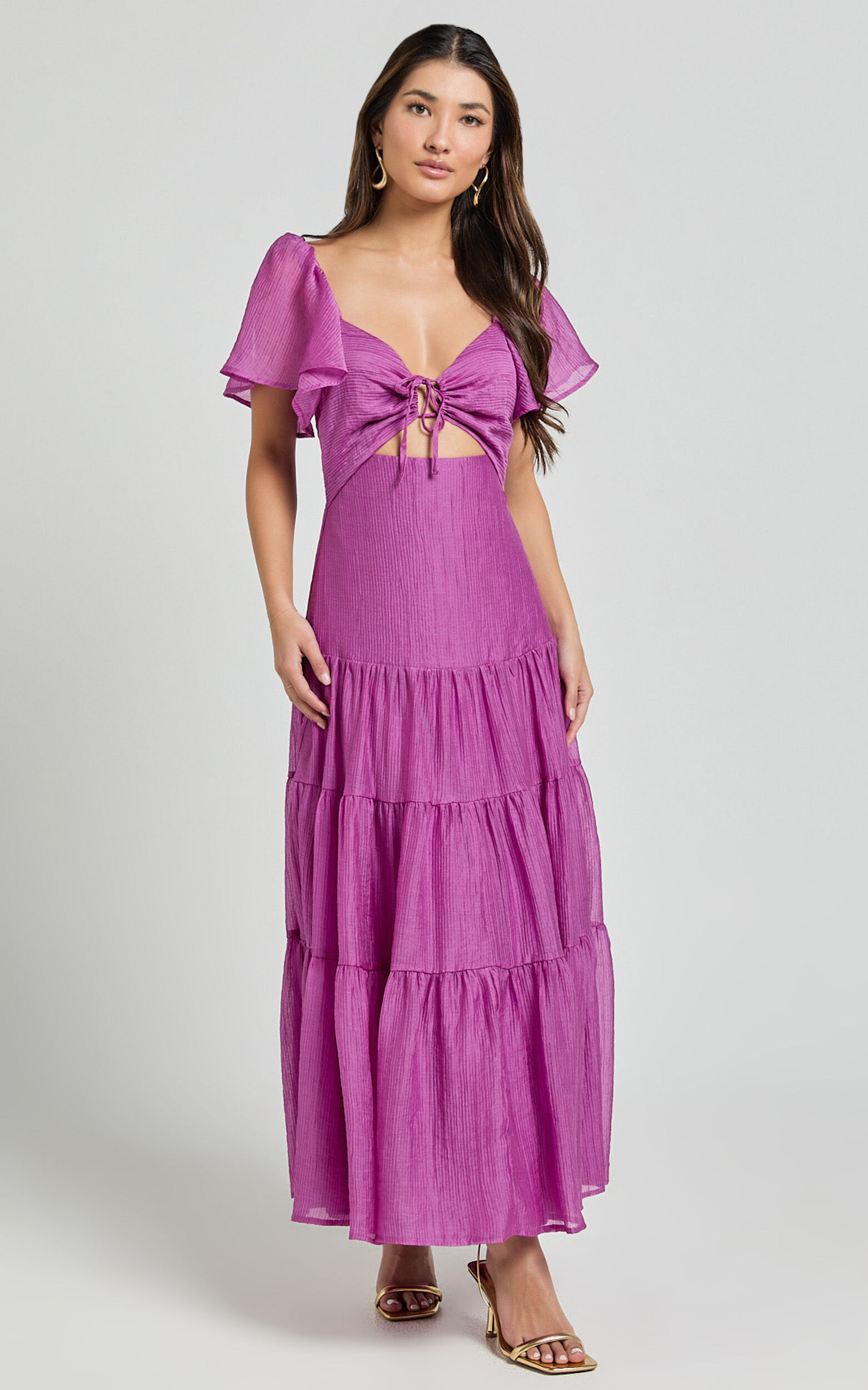 Patricia Midi Dress - Flutter Sleeve Tie Front Tiered Dress in Orchid